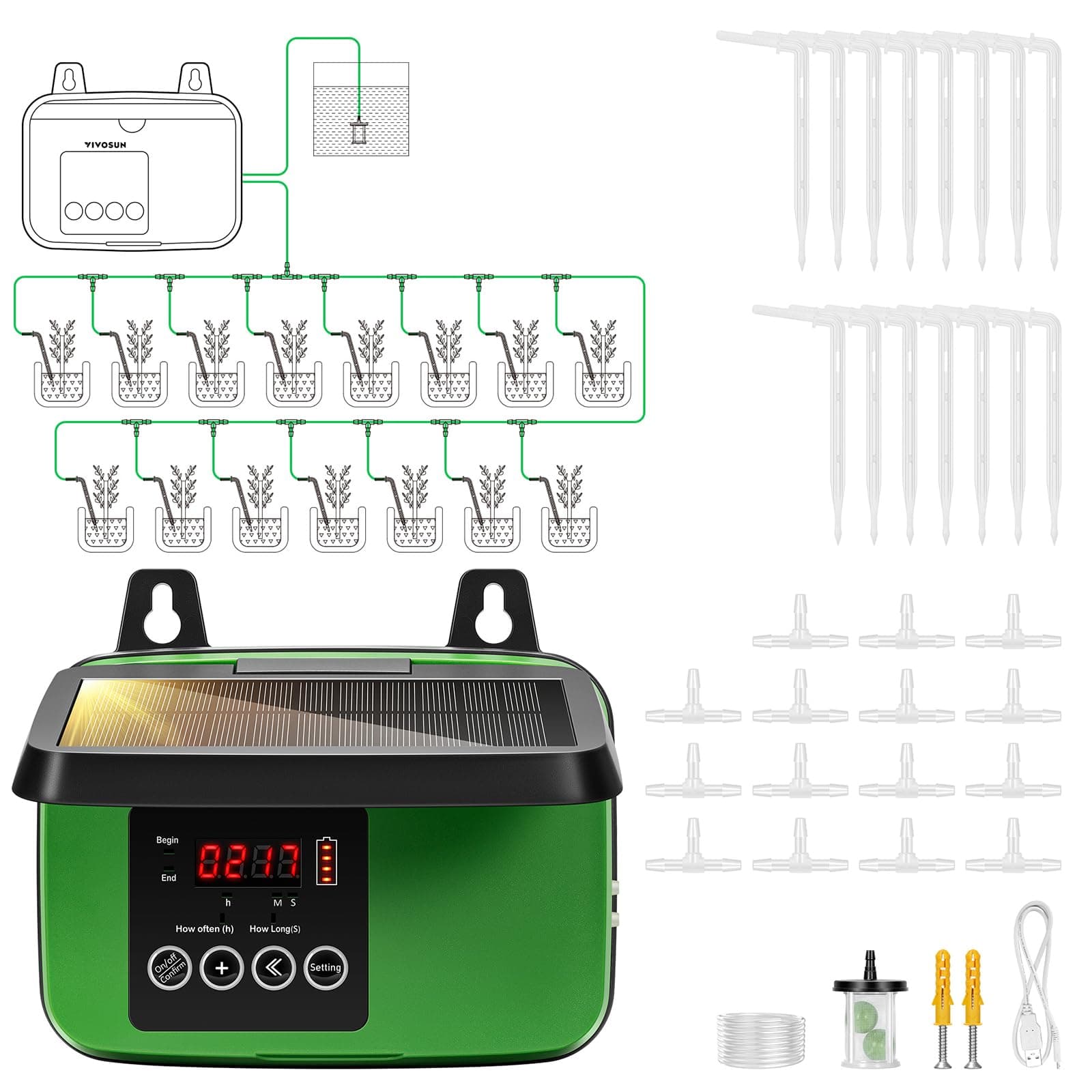 Solar Automatic Drip Irrigation Kits with Timer, 3W Output, Solar Powered Auto Drip Irrigation System, 15 Pots Garden Plant Watering System, Plant Waterer Indoor Outdoor