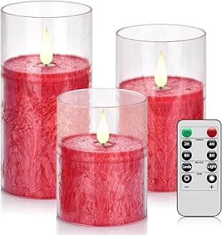Flameless Flickering Remote Control Candle, Glass Pillar Candle,3 Pack (D:3"×H:4" 5" 6") LED 3D Flame Romantic Candle,Battery Operated Real Wax, Ideal for Wedding, Home Decor Holiday (Red)