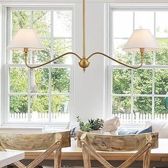 Modern Gold Linear Chandelier for Kitchen Island, 2-Light Linear Light Fixture with Off-White Fabric Shade, Rustic Pendant Light for Dining Room