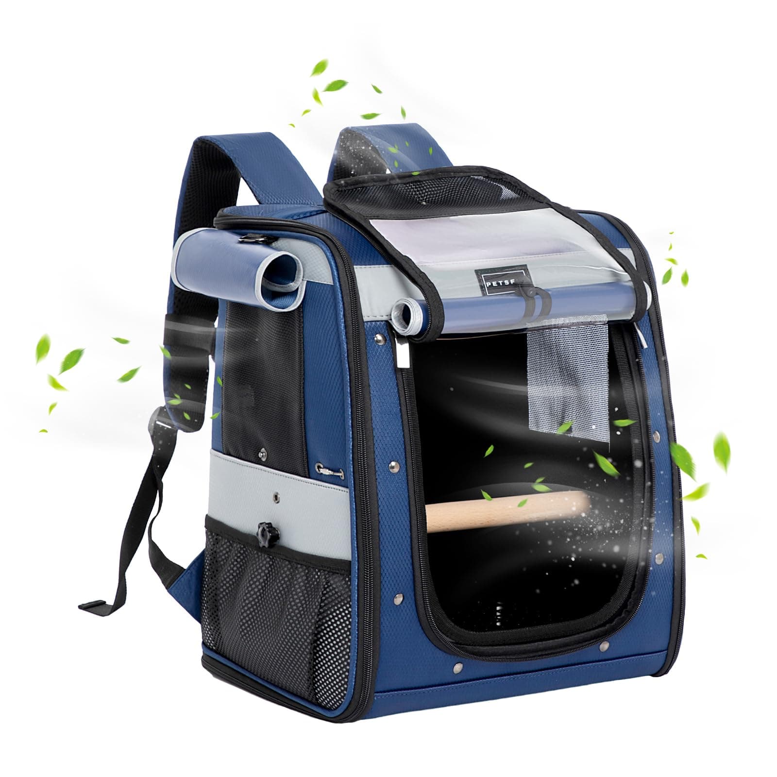 Petsfit Bird Carrier with Anti-Pecking Band,Bird Backpack Carrier with 2 Level Height to Adjust Standing Perch and Shade Cover Blue