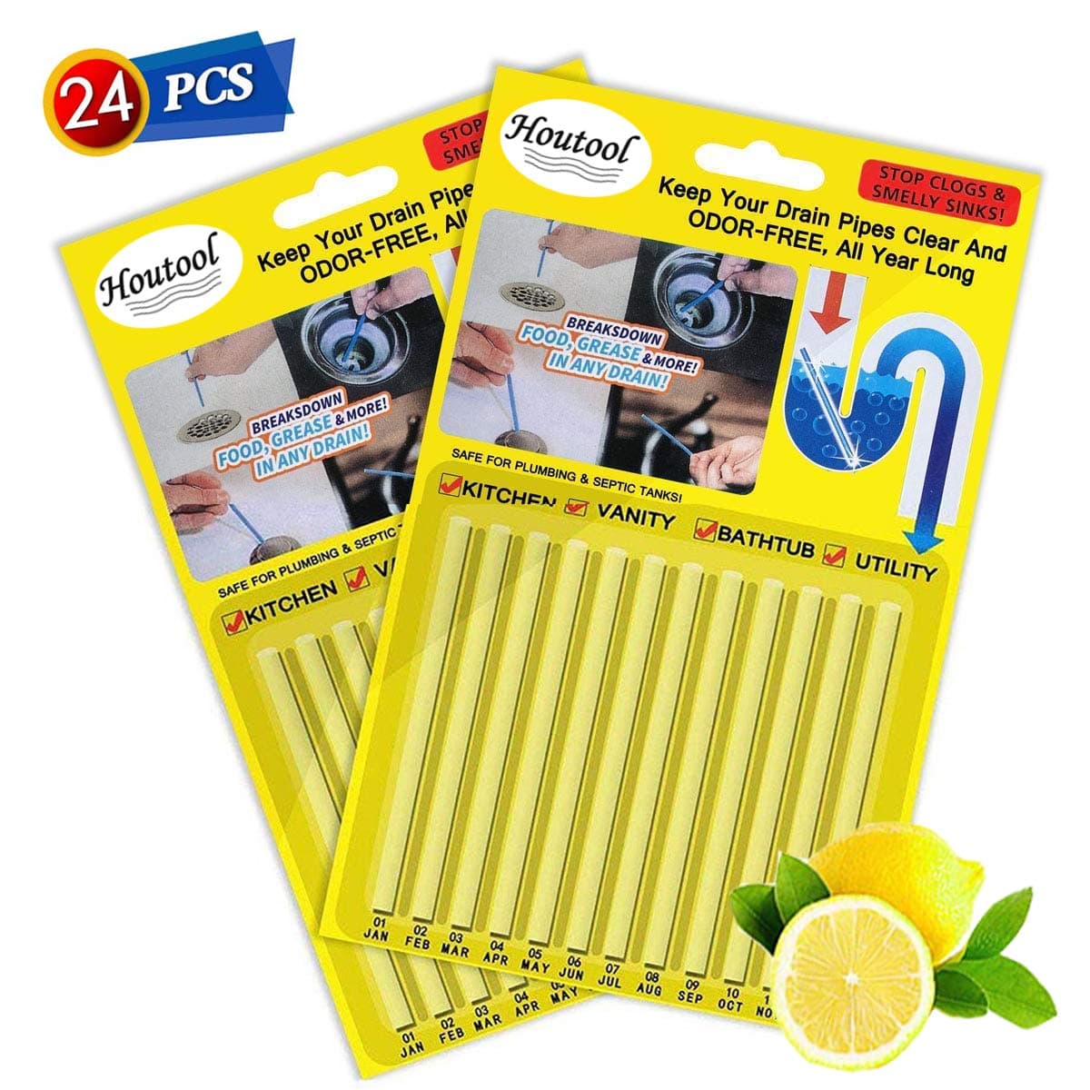 Drain Cleaner Sticks and Deodorizer - Pipe Cleaner Stick Garbage Disposal Deodorizer Fresh&Odor Free and Prevent Clogs Sink Cleaner for Toilet Drain Kitchen Sewer Septic Tank Safe As Seen On TV, Lemon