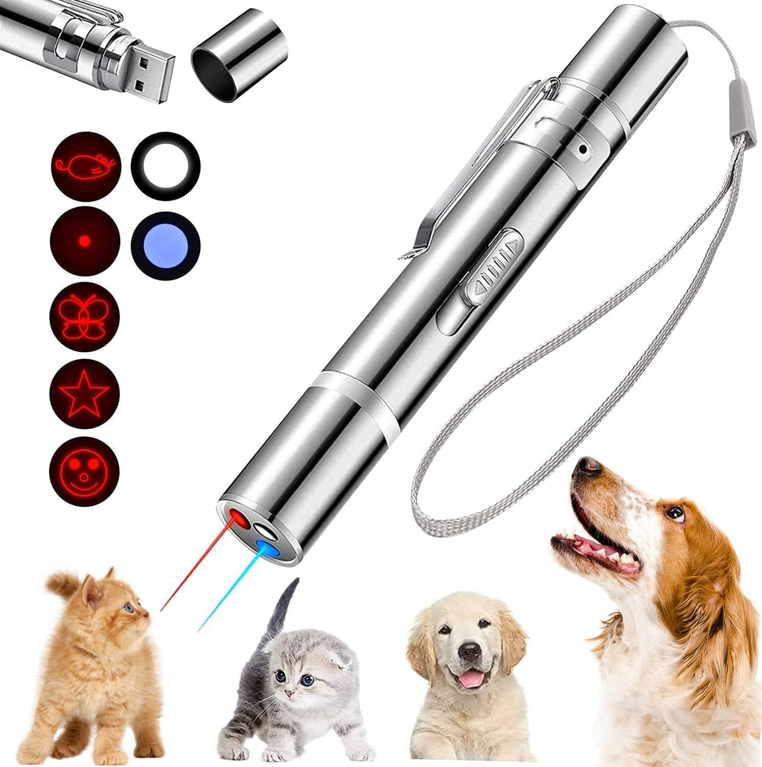 Laser Pointer, Red LED Light Pointer Cat Toys for Indoor Cats Dogs, Long Range 3 Modes Lazer Projection Playpen,USB Recharge