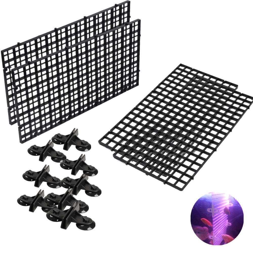 Chnee 4 Pcs Aquarium Divider Tray Plastic Grid Aquarium Egg Crate Light Diffuser, Fish Tank Divider Filter Bottom Isolation with 8 Pcs Sucker Clip(Black)