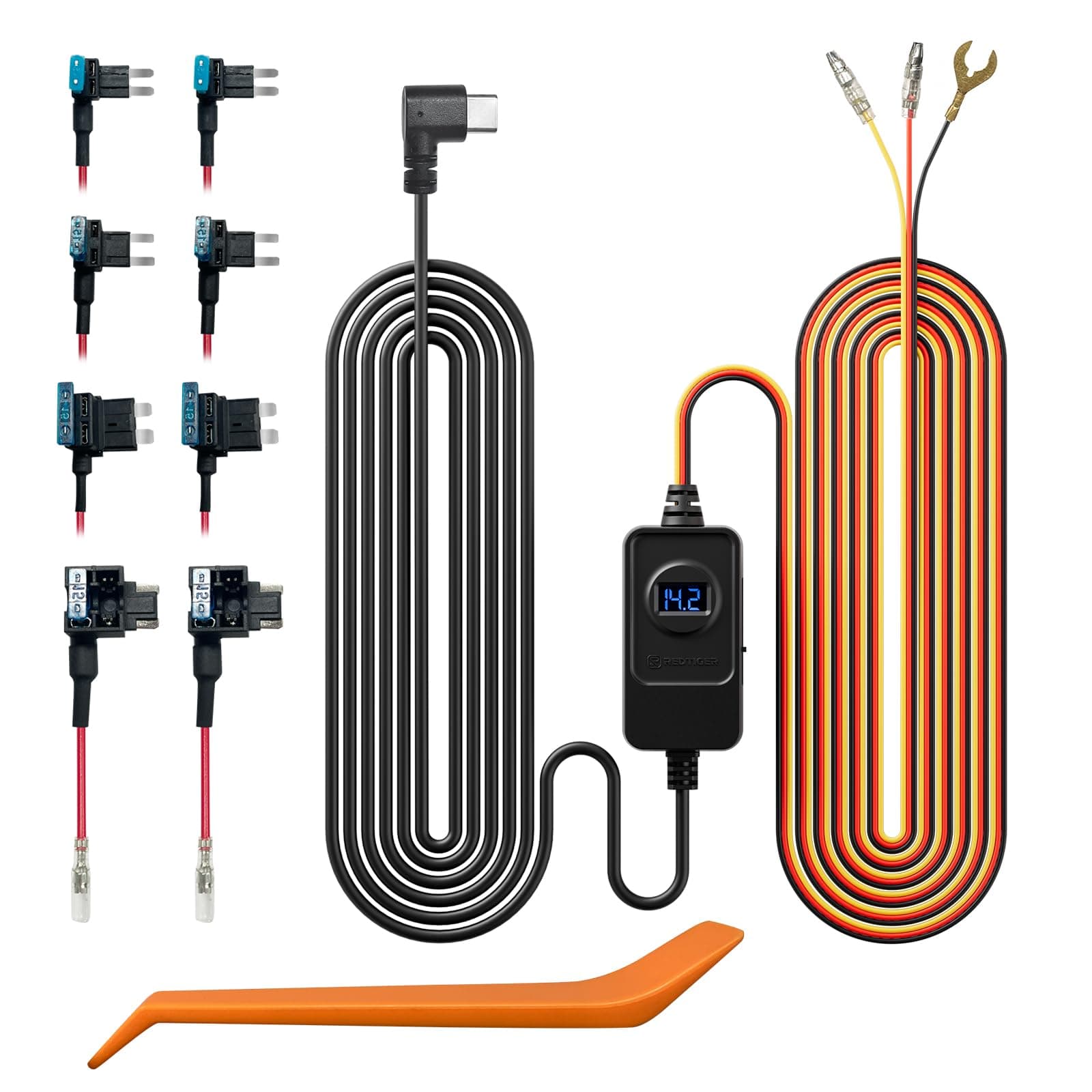 REDTIGER Dash Cam Hardwire Kit USB C Port, Dashboard Camera Car Charger Cable Kit 12V- 24V to 5V w/Fuse Kit, Low Voltage Protection for Dash Cam Double-4 Fuses