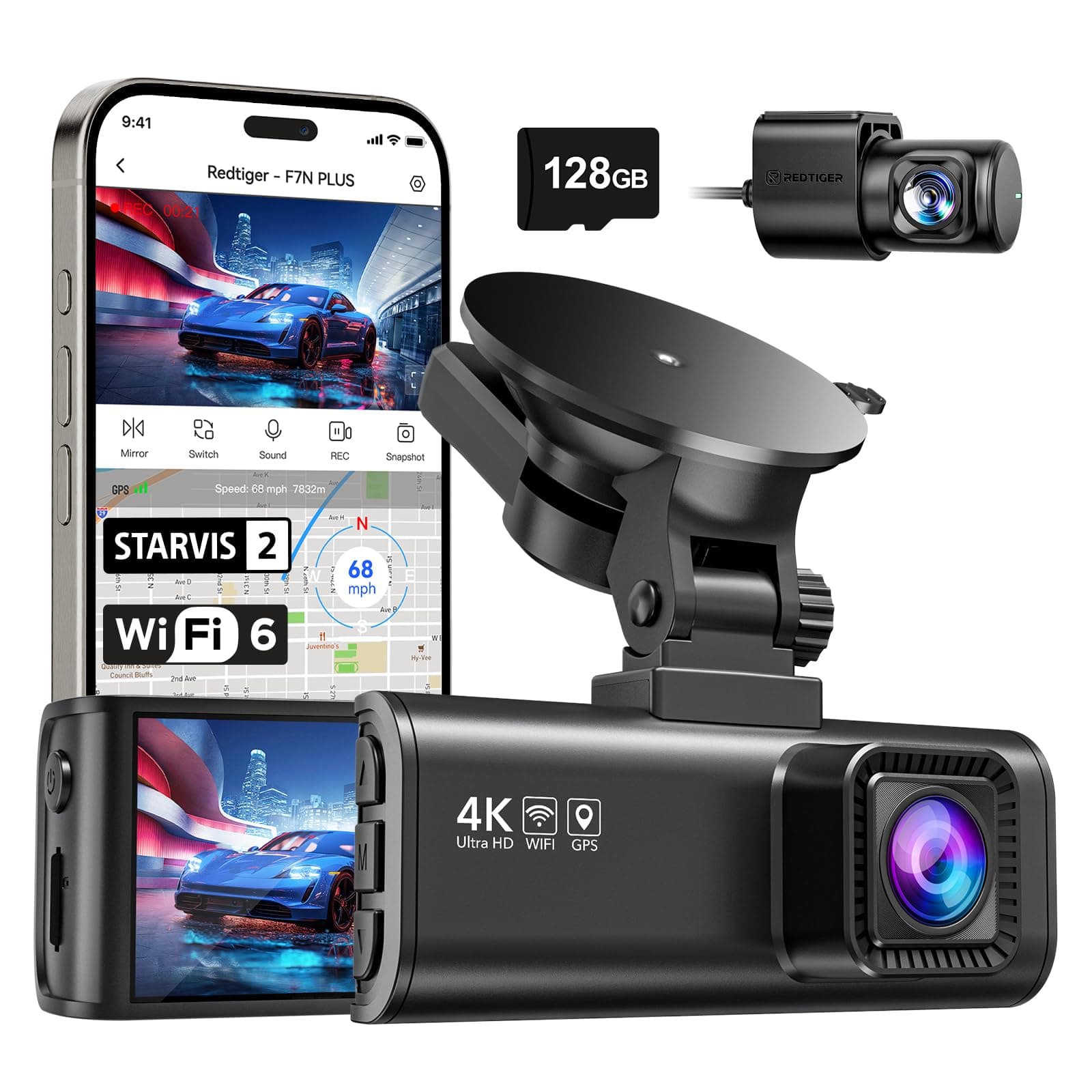 4K Dash Cam Front Rear, STARVIS 2 Sensor, Free Card Included, 5.8GHz WiFi-20MB/s Fast Download, Dash Camera for Cars with GPS, WDR Night Vision, 170°Wide Angle, 24H Parking Mode(F7NP)