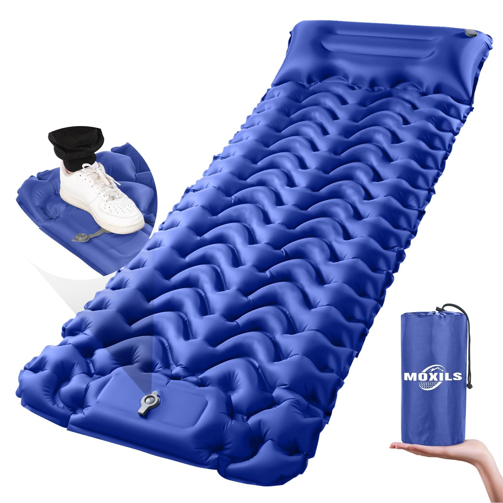 MOXILS Sleeping Pad, Ultralight Inflatable Sleeping Pad for Camping, Built-in Pump, Ultimate for Camping, Hiking, Airpad, Carry Bag, Repair Kit, Compact & Lightweight Air Mattress(Blue)