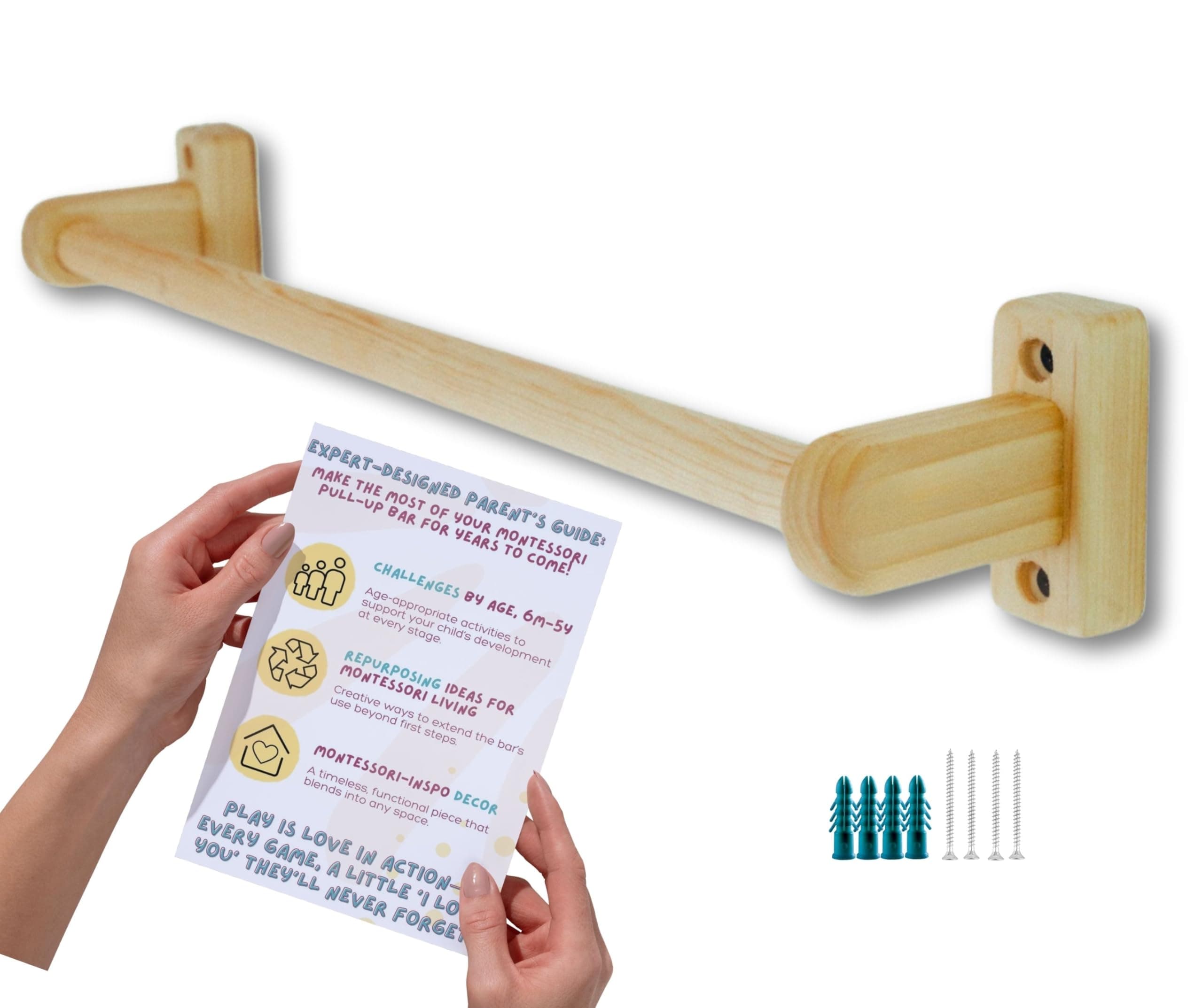 32.5 in. Long Montessori Pull Up Bar for Babies | Excercise Guide, Hand-Made, Assembled, Quality Wooden Toy Bar for Infants, Ballet Bar for Toddlers.