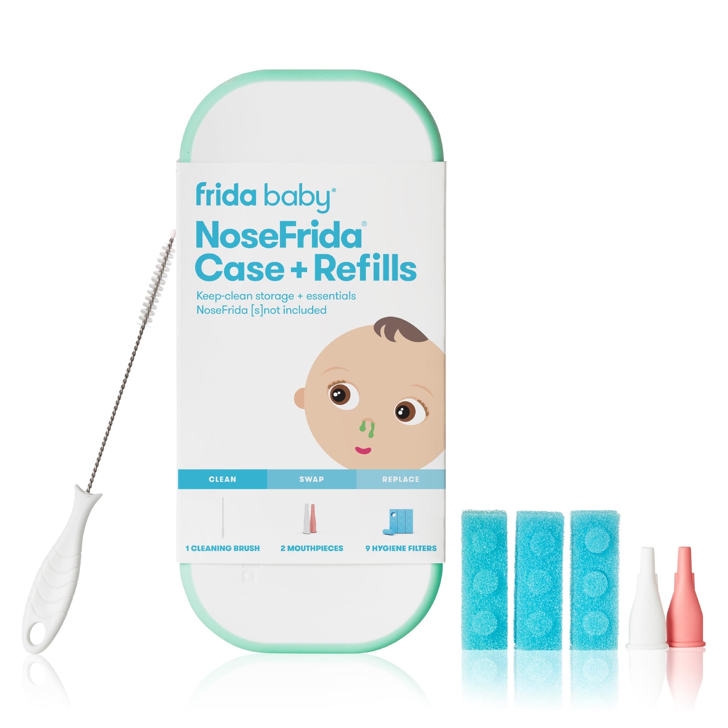 NoseFrida Case + Refills Accessories Kit, Includes Storage Travel Case, Bristle Cleaning Brush, 9 Hygiene Filters & 2 Tips for Cleaning and Storage of the NoseFrida Nasal Aspirator for Baby