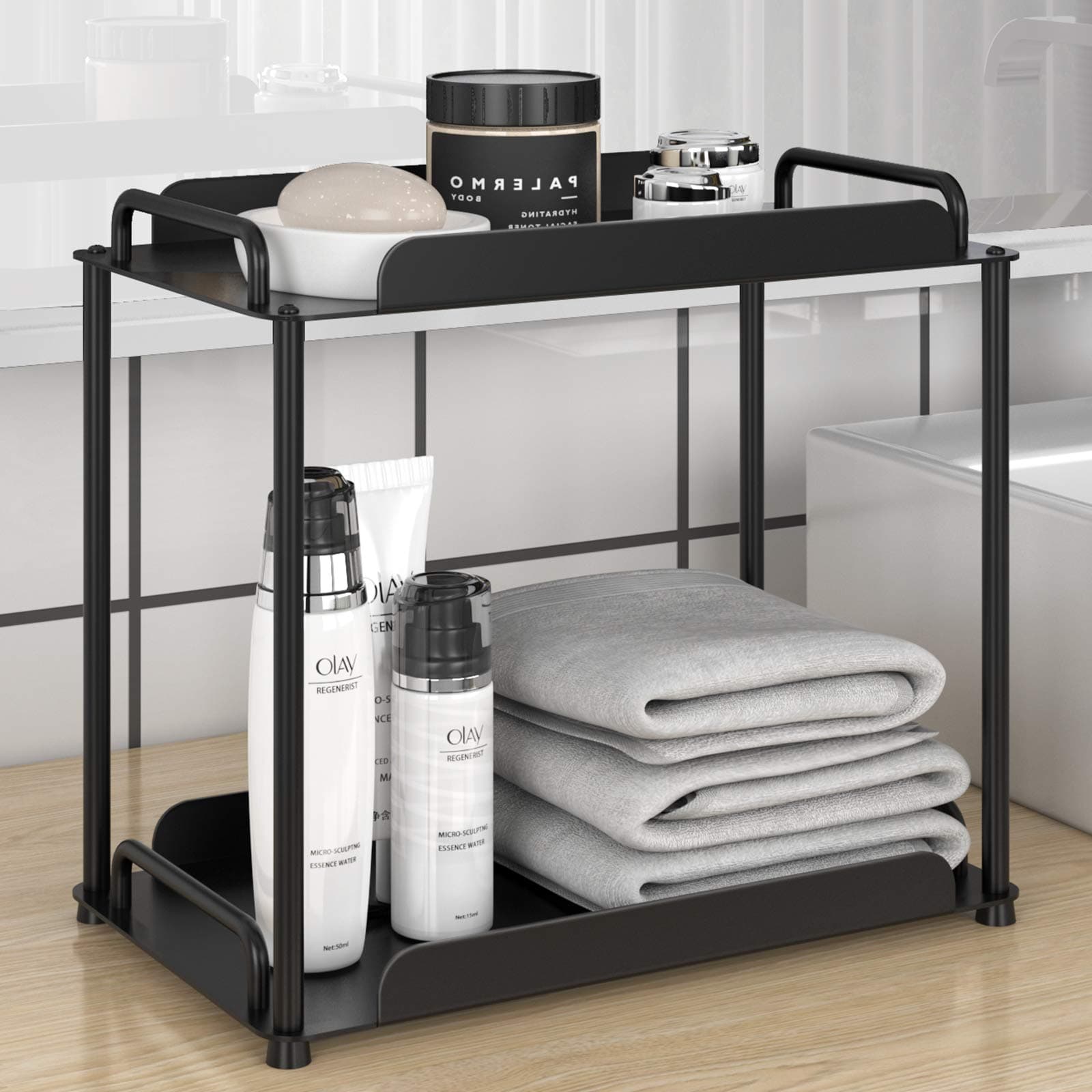 Bathroom Organizer Countertop,2-Tier Standing Rack Storage Shelf for Kitchen,Bathroom,Desktop Cosmetics Black