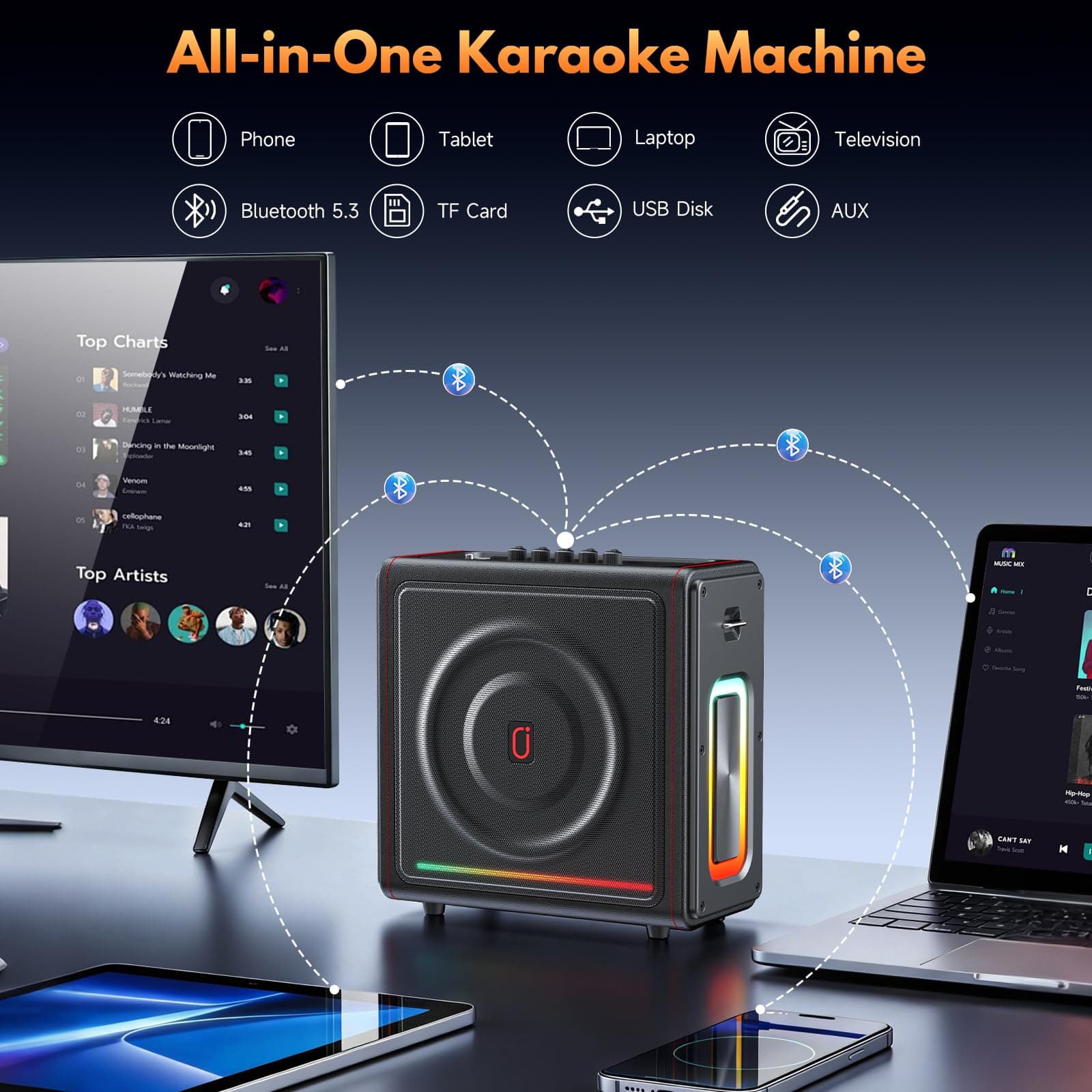 Karaoke Machine with 2 Microphones, Portable Bluetooth 5.3 Speaker with Bass/Treble Adjustment for Adults, PA System with Pitch Correction & Echo Effect, Support TV/TF Card/USB/AUX/Live/REC