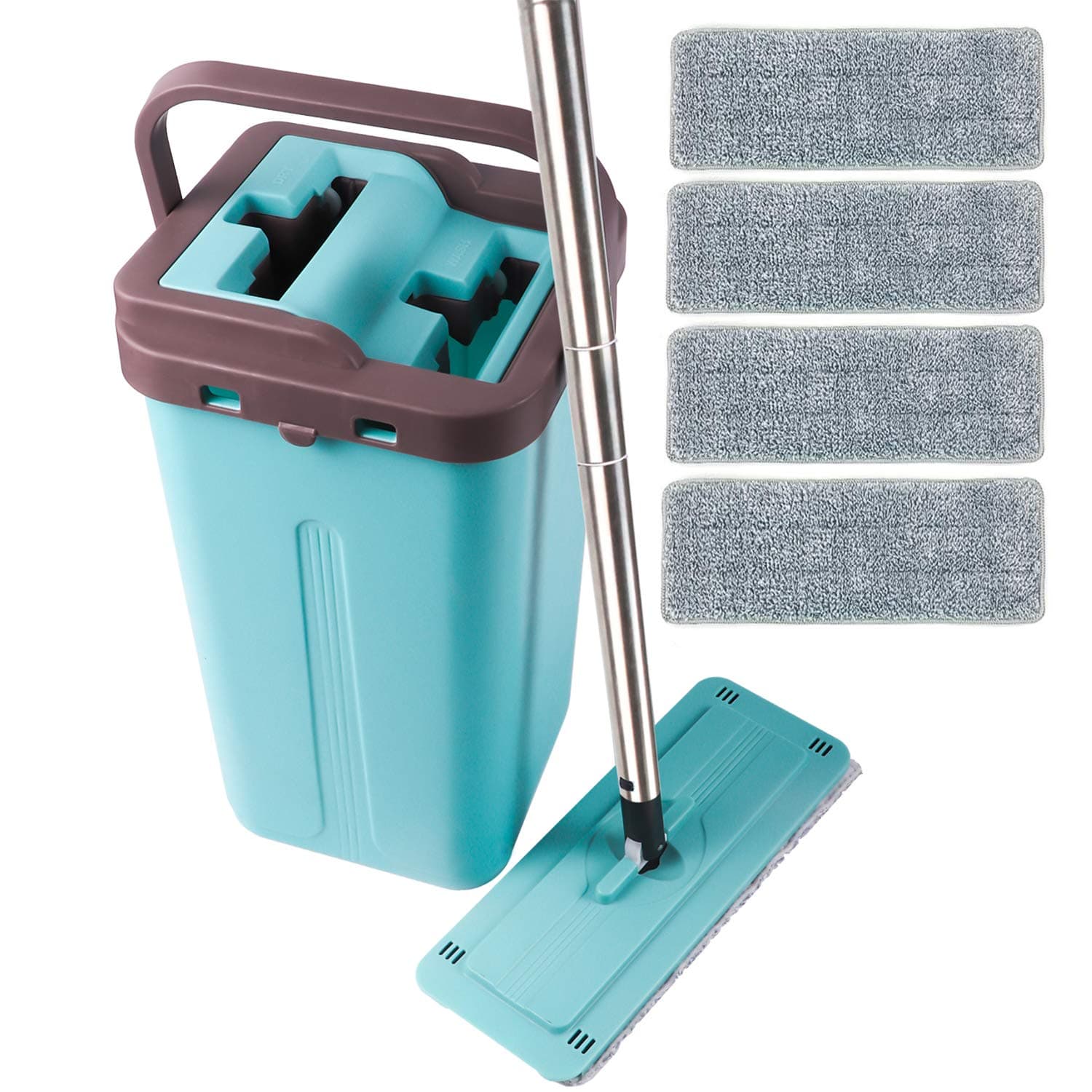 LETTON Microfiber Squeeze Mop and Bucket System for Home Bathroom Windows Floor Cleaning with 4 Washable Flat Microfiber Mop Pads