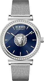 Versus Versace Brick Lane Mesh Collection Luxury Womens Watch Timepieces with a Silver Bracelet Featuring a Stainless Steel Case and a Blue Dial