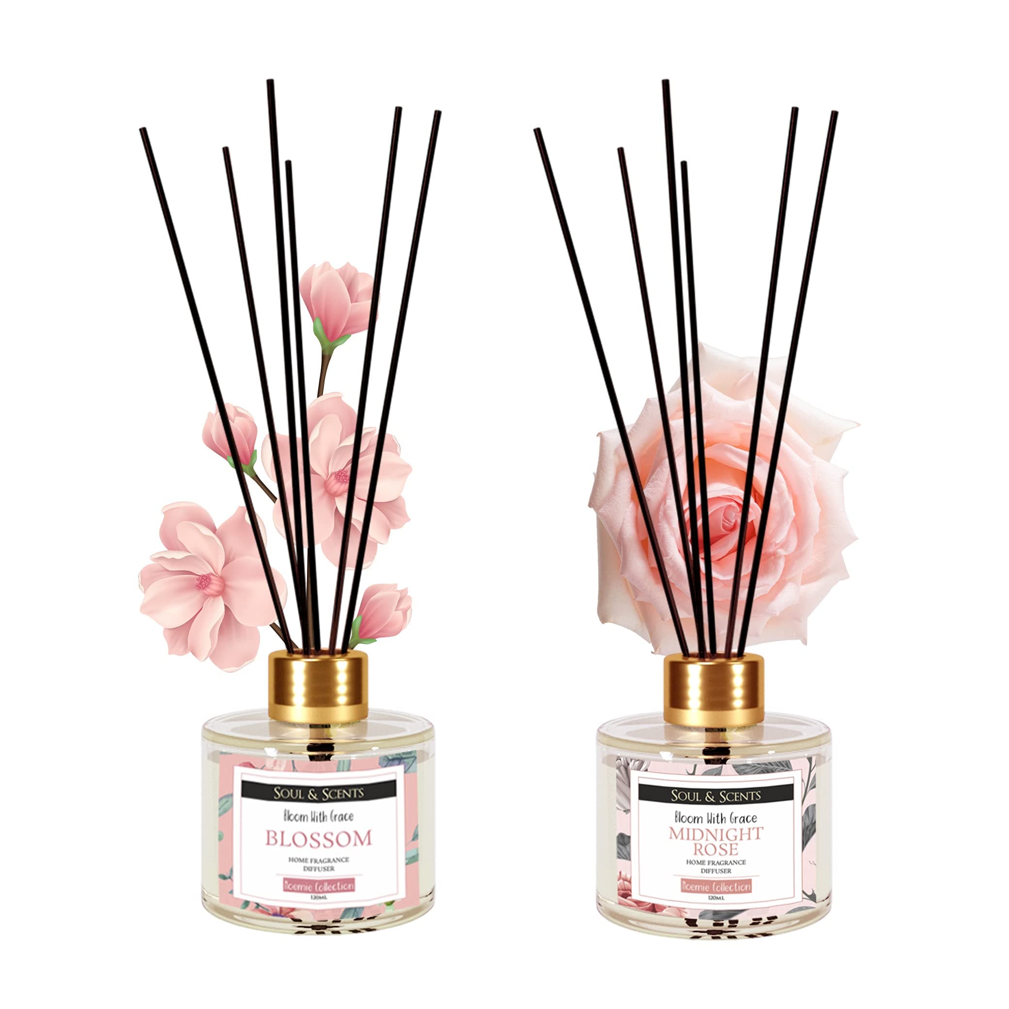 – Blossom & Midnight Rose Reed Diffuser Set - 120ml with 6 Fiber Sticks Each | Stress Relief & Aromatherapy | Scented Air Freshener for Home, Bedroom, Bathroom & Office | Pack of 2
