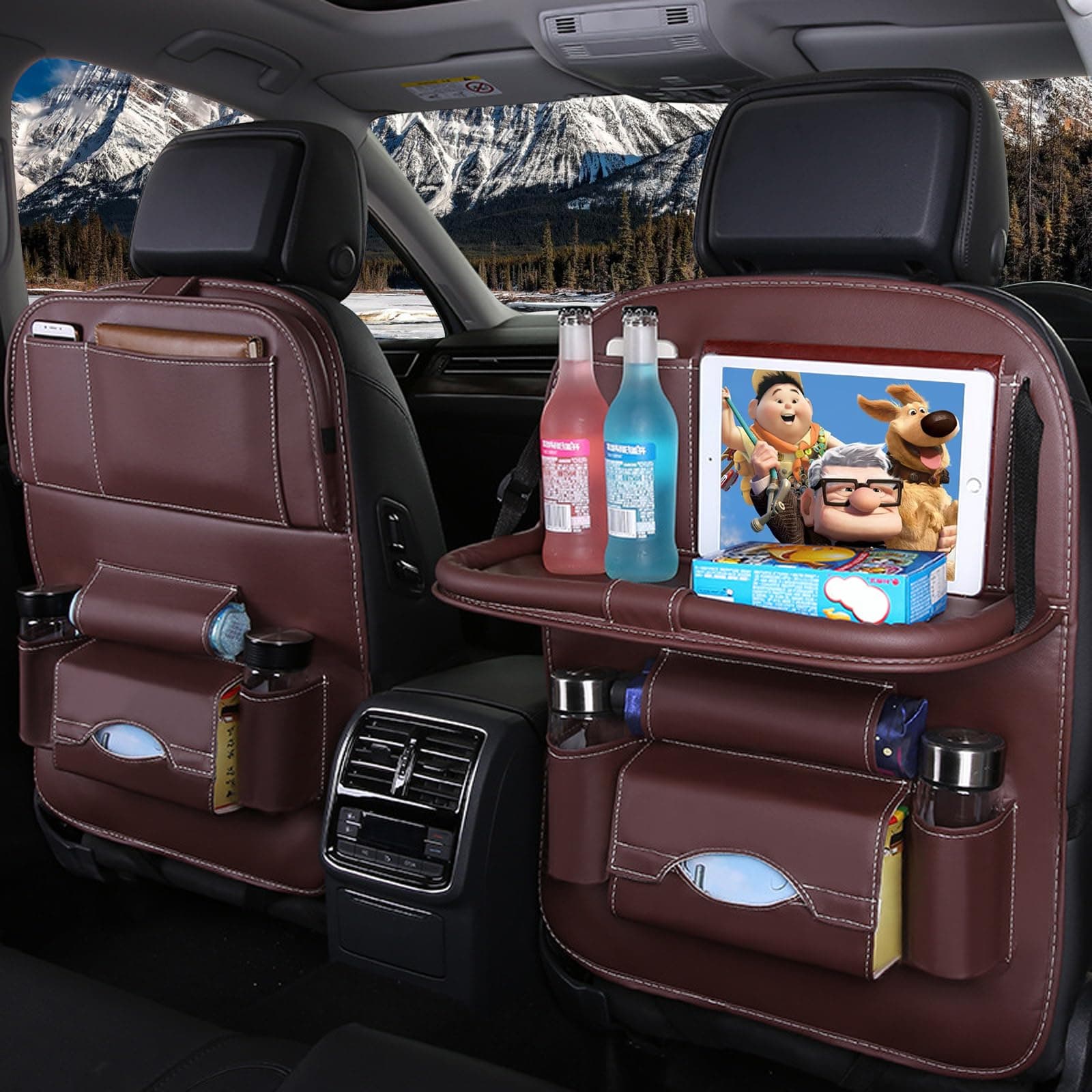 2 Pack Car Backseat Organizer,With Tablet Holder PU Leather,8 Storage Pockets Car Storage Organizer with Foldable Food Tray,Used to store children's toys, magazines, umbrellas