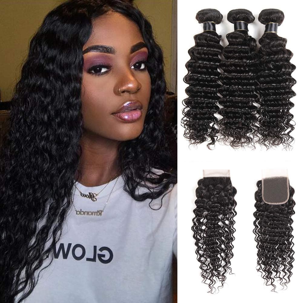 8A Brazilian Deep Wave 3 Bundles with Closure Unprocessed Virgin Deep Wave Human Hair with 4x4 Lace Closure Free Part Natural Color(18 20 22+16 Natural Color)