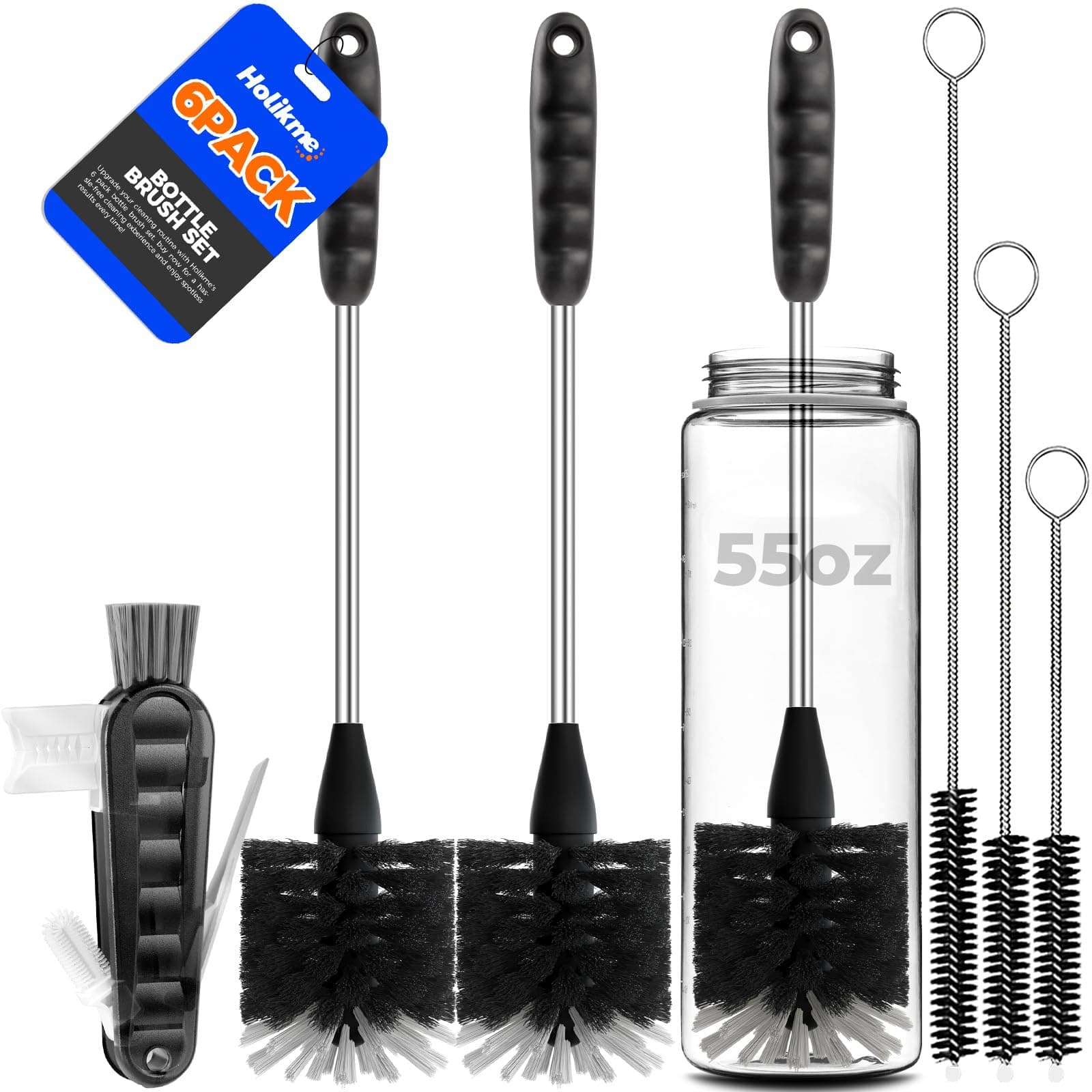 Holikme 6 Pack Bottle Brush Set, 14" Long Handle Stainless Steel Bottle Cleaner Brush, 3 Straw Brushes, 3-in-1 Bottle Cleaning Brush for Water Bottle, Antistatic Lab Brushes, Straws Black