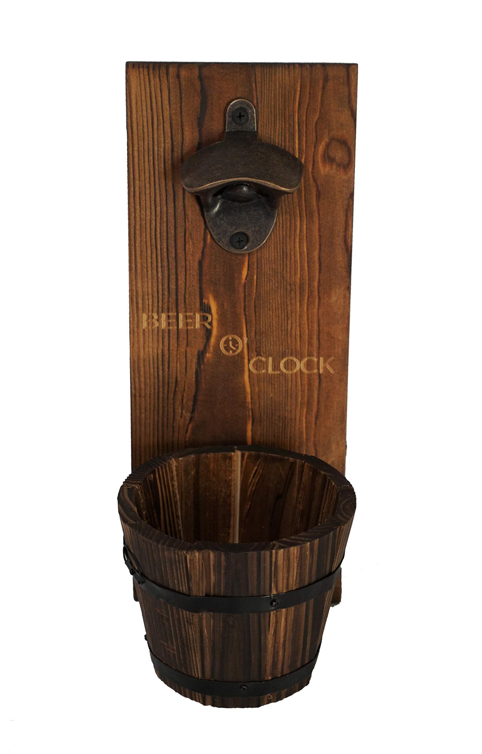 “Beer O’ Clock” Rustic Wall Mounted Bottle Opener and Catcher - Dark Stain Pine with Zinc Alloy Opener - Removable Wooden Bucket - Man (or Woman) Cave Ready