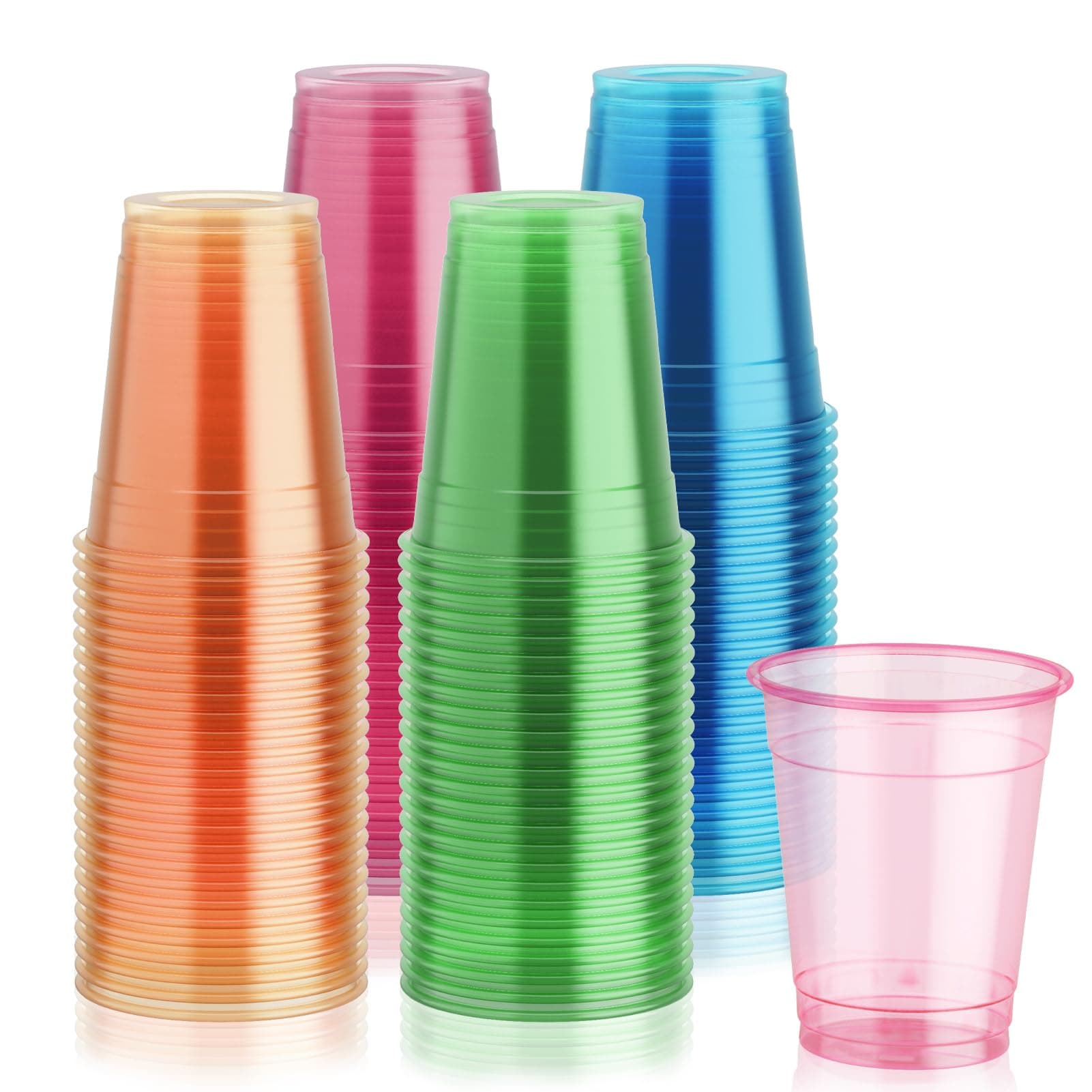 Lilymicky 100 Pack 12 oz Plastic Cups, Neon Glowing Plastic Party Cups, Assorted Neon Colors for Parties, Carnivals, and Any Events