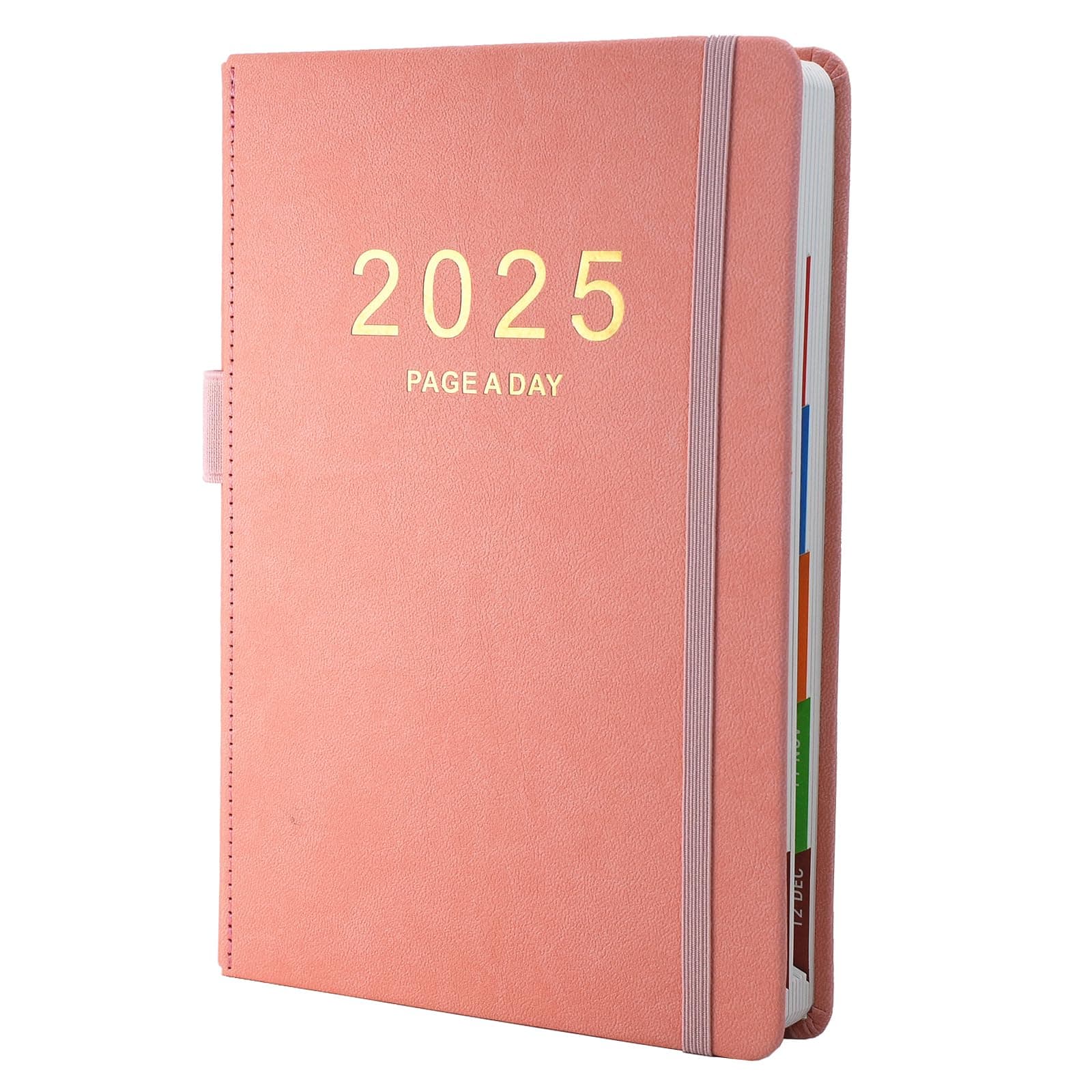 2025 Diary A5 Day Per Page, From Jan to Dec, Productivity A5 Daily Planner, Full Year Daily Planner with Colorful Monthly Tabs, Fine Inner Pocket, 5.9" × 8.5" (Pink)