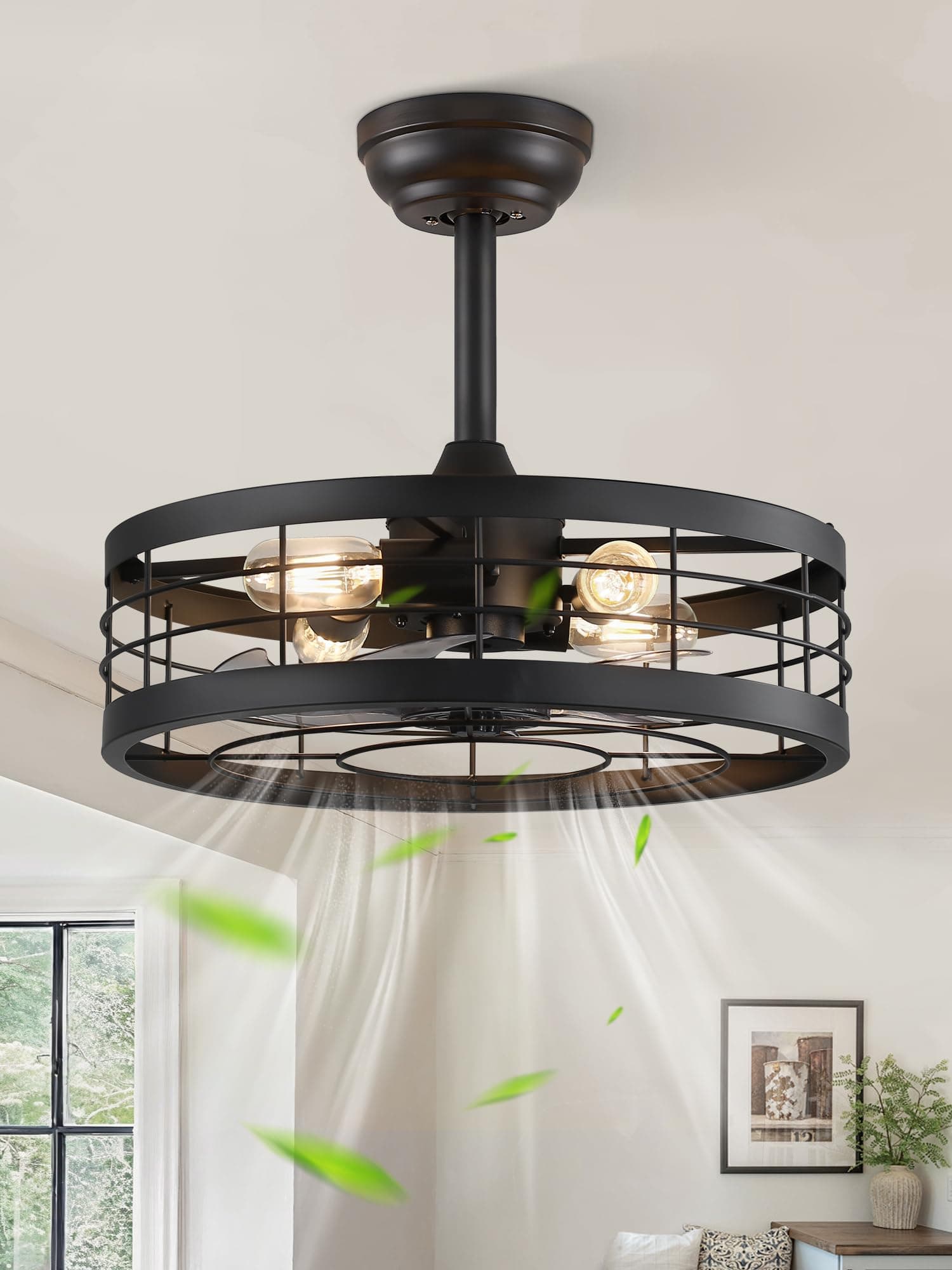 18 inch Black Caged Ceiling Fan with Light, Bladeless Industrial Ceiling Fan with Remote, Farmhouse Fan Lights Ceiling Fixtures for Kitchen, Bedroom, Outdoor（6 Speed, Timing）-Black