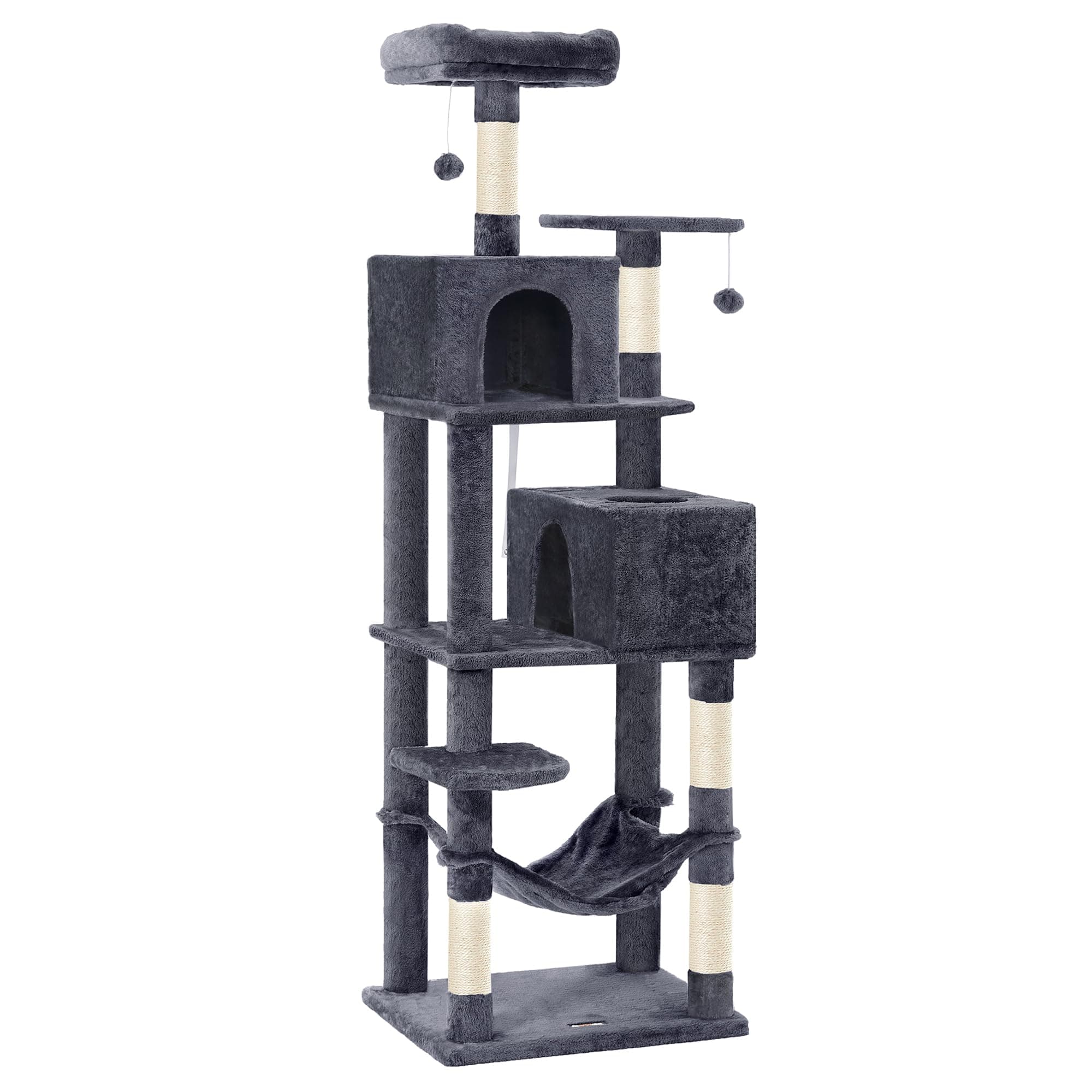 Cat Tree, 73.2-Inch Tall Cat Tower, Plush Multi-Level Condo with 5 Scratching Posts, 2 Perches, 2 Caves, Hammock, 2 Pompoms, Smoky Gray UPCT191G01