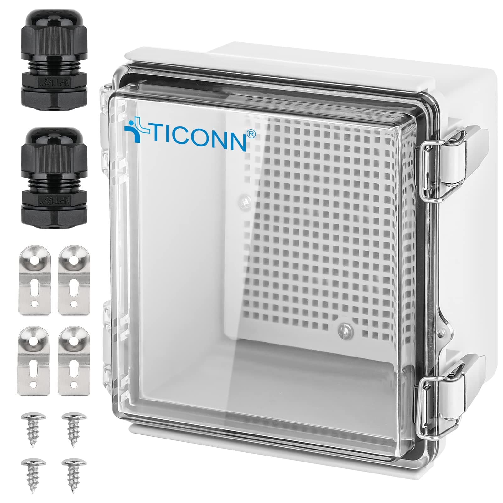 TICONN Waterproof Electrical Junction Box IP67 ABS Plastic Enclosure with Hinged Cover with Mounting Plate, Wall Brackets, Cable Glands (Clear, 5.9"x5.9"x3.5")