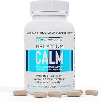 Calm - Stress, Mood + Immune Support Supplement, Non-Habit Forming with Ashwagandha, 5-HTP & GABA, Mushroom Blend. Made in USA, 60 Capsules