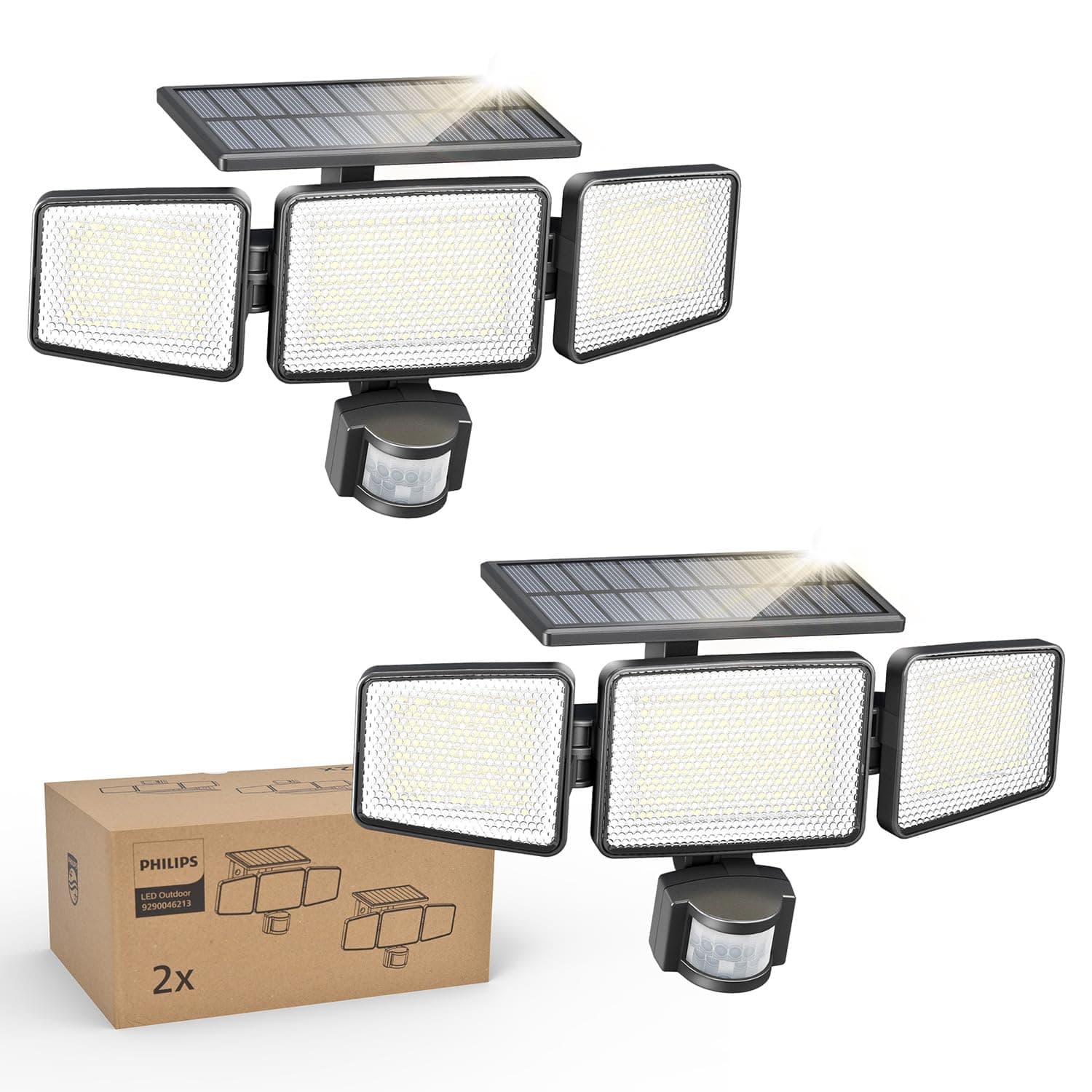 Philips Solar Security Light Outdoor Light 302 LED 1200lm，Solar-Powered Waterproof Wall-Mounted Flood Light w/PIR Motion Sensor, 3 Heads, IP65 Waterproof, 3 Modes (2)