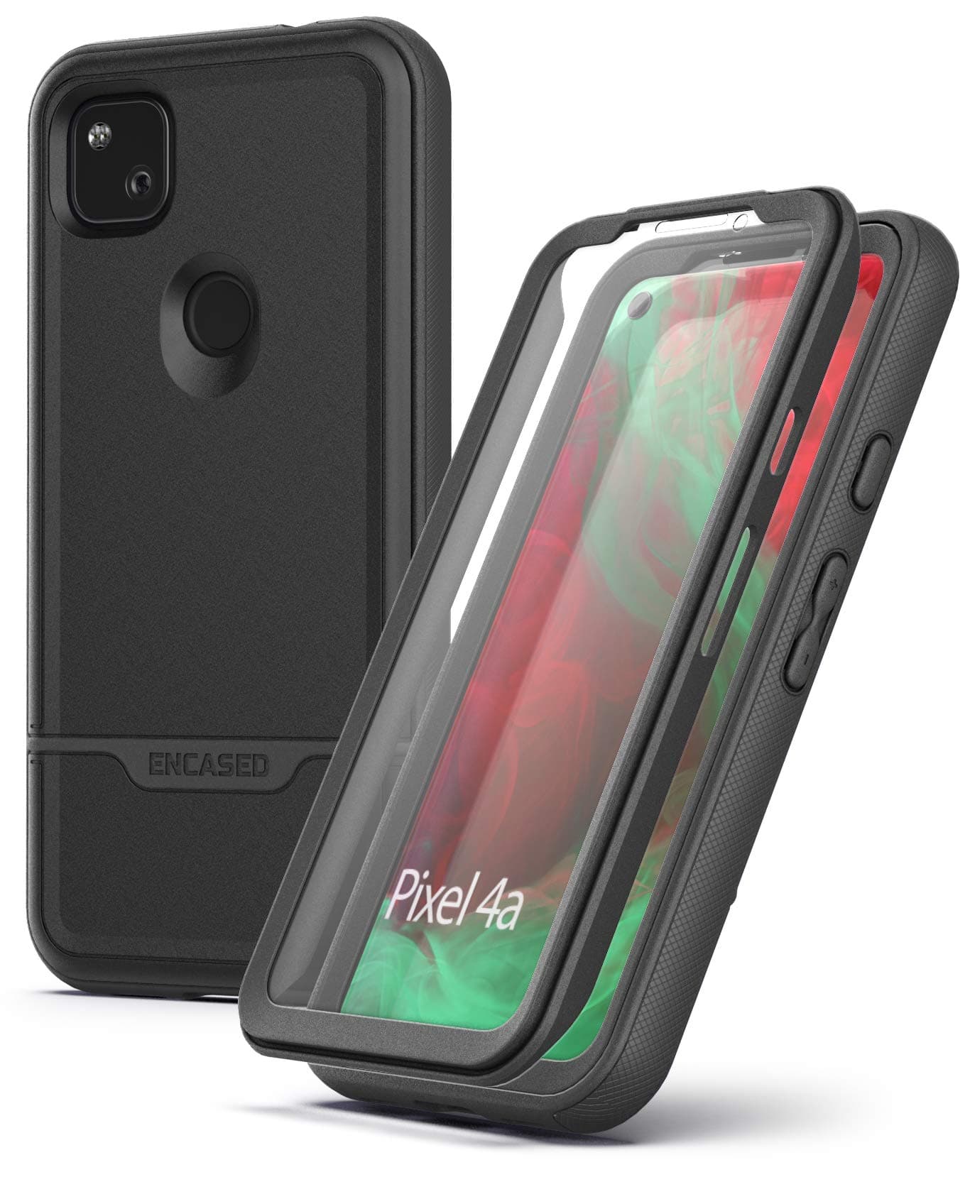 ENCASED Pixel 4a Case with Screen Protector (Rebel Shield) Rugged Full Body Protective Cover with Build-in Screen Guard for Google Pixel 4a - Black