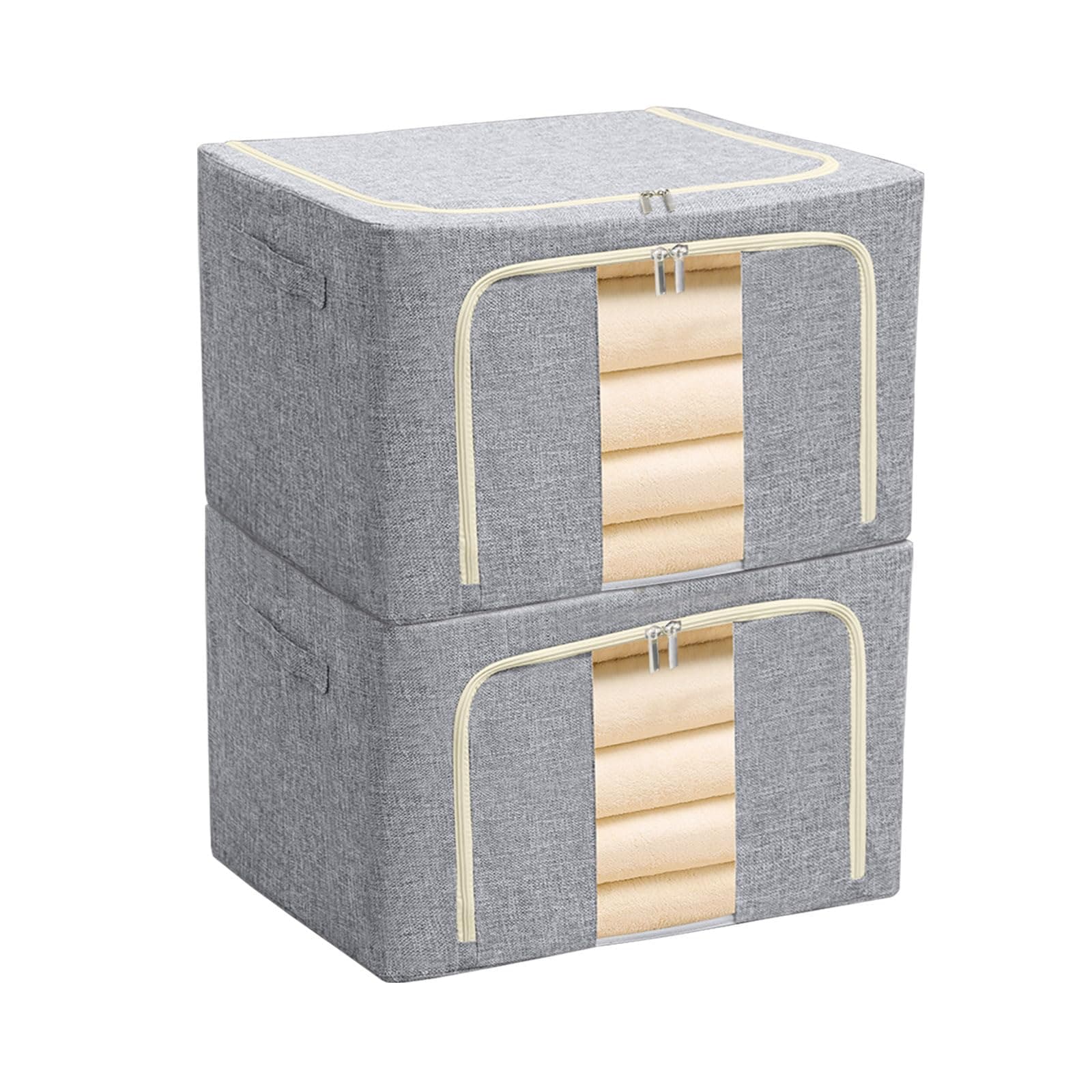 BOMEI PACK 2 Packs Clothes Storage Box Closet Wardrobe,Dormitory Underbed Foldable Grey Organizer Sturdy Boxes durable with Metal Frame,Two Zippers,Reinforced Handles,Clear Front Window