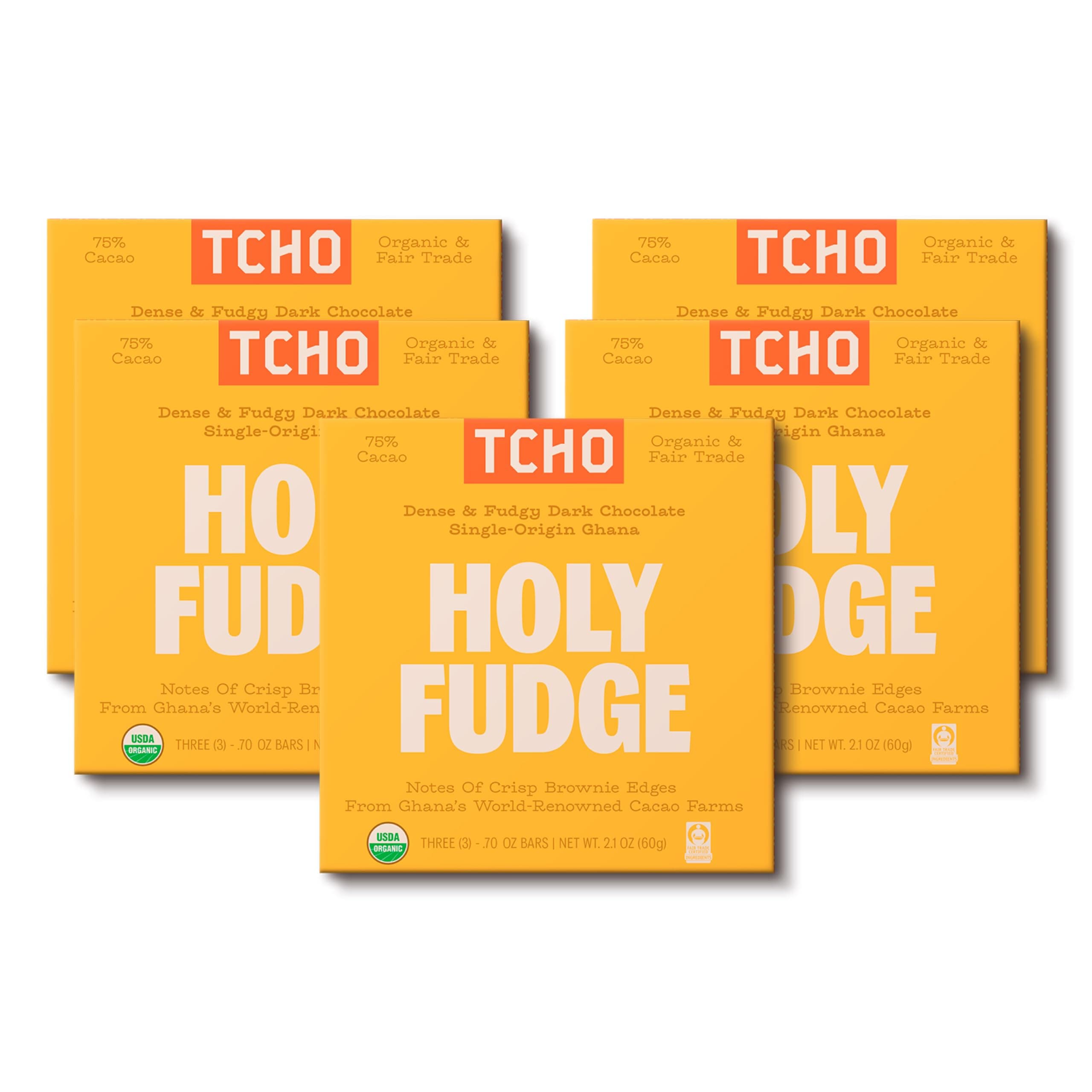 - TCHO Holy Fudge 75% Dark Chocolate Bars (5 pack) | Single Origin Ghana, Dairy Free, Organic & Fair Trade | Non-GMO, Vegan, Soy Free, Gluten Free (2.1oz each)