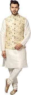 Uri and MacKenzie Men's Silk Blend Regular Kurta Churidar Pyjama with Bundi Nehru Jacket/Waistcoat