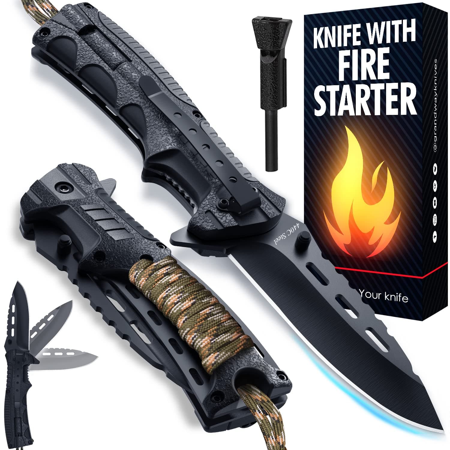Pocket Knife with 3.74" Sharp Blade, Fire Starter, Whistle & Paracord Handle, Liner Lock - Multifunctional Knife for Camping, Survival - Survival Tool for Men, Gifts for Husband, Boyfriend, Dad 6772