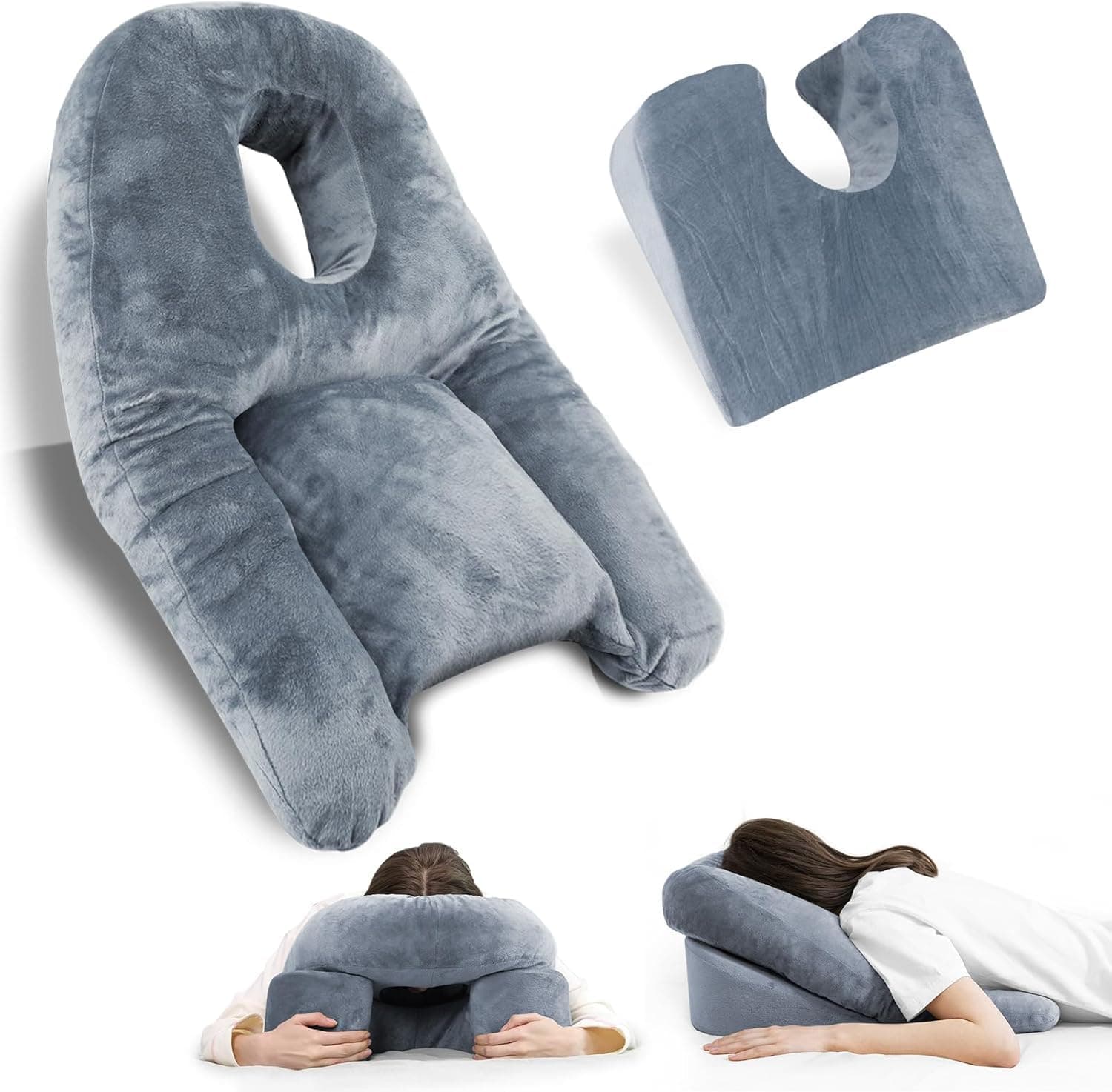 Face Down Pillow for Sleeping, Prone Pillow with Shredded Memory Foam, Portable Face Down Pillow for Bed, Face Cradle Pillow for Reading, Rest, Massage, Home Use, Breathable & Washable Cover, Grey