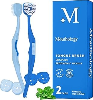 Mouthology Soft Bristle Tongue Brush for Adults for Bad Breath, Halitosis & Oral Hygiene - Tongue Scraper Brush with Ergonomic Handle & Protective Cap for Easy Storage & Travel - 2 Pack