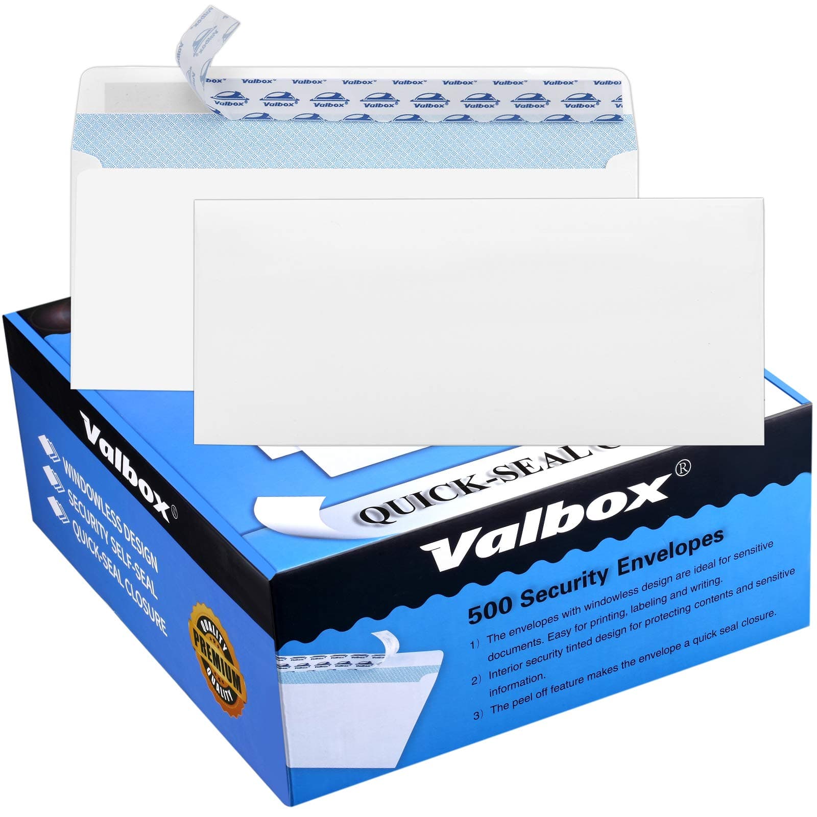 ValBox 500 Count #10 Security Self-Seal Envelopes Windowless Design Security Tint Pattern for Secure Mailing 4-1/8x9-1/2",White Business Envelopes