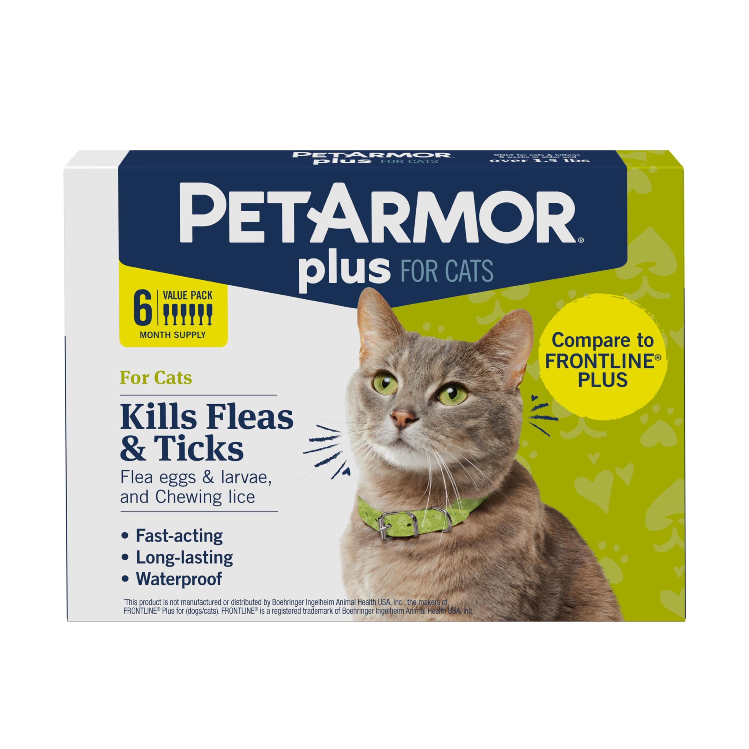 Plus Flea and Tick Prevention for Cats over 1.5 lbs, Cat Flea and Tick Treatment, 6 Doses, Waterproof Topical, Fast Acting