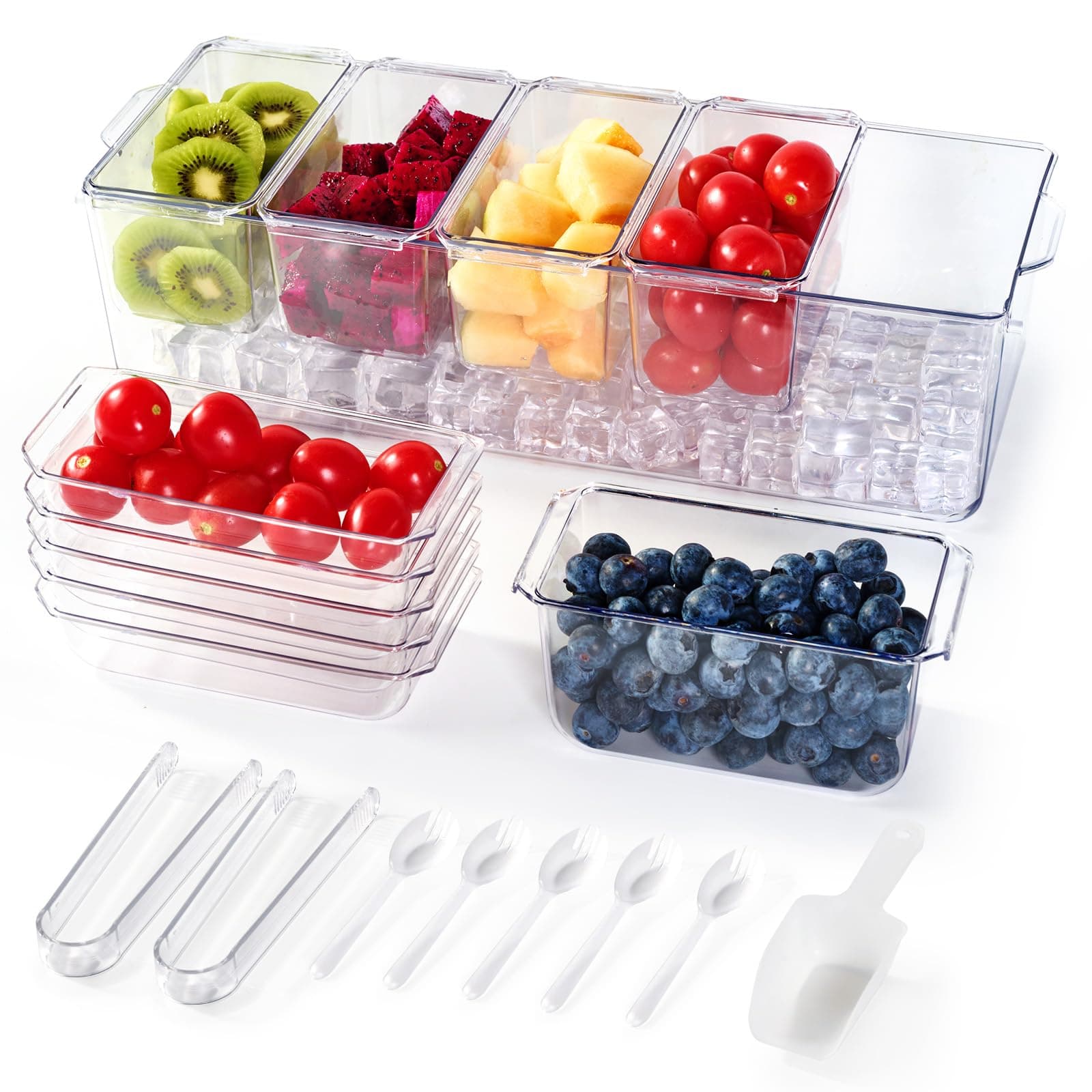 Chilled Condiment Tray Server with 5 Small Containers and Removable Compartments, Ice Chilled Condiment Organizer, Clear Garnish Serving Platter for Fruit, Salad, Food, Outdoor Events, Picnics