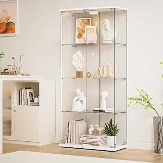 Glass Display Cabinet 4-Shelf 2 Doors with LED Push Light Lockable Glass Display Case with 4mm Tempered Glass Floor-Standing Bookshelf for Bedroom, Living Room, White