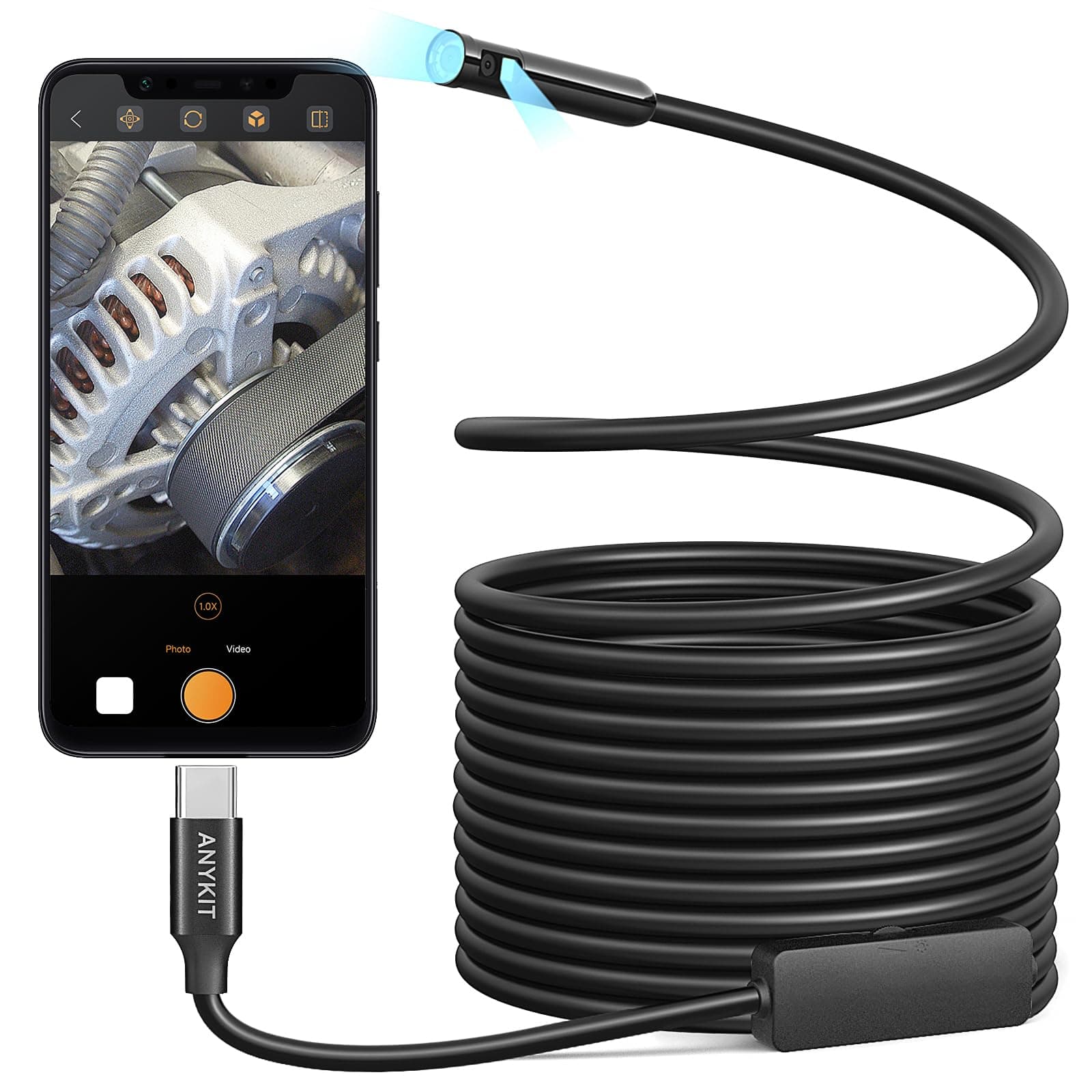 Anykit Dual Lens Endoscope Camera, Type-C Borescope with 8 Adjustable LED Lights, IP67 Waterproof 16.5ft Semi-Rigid Snake Cord Inspection Camera Compatible with Type C iPhone 15 & Android Phone