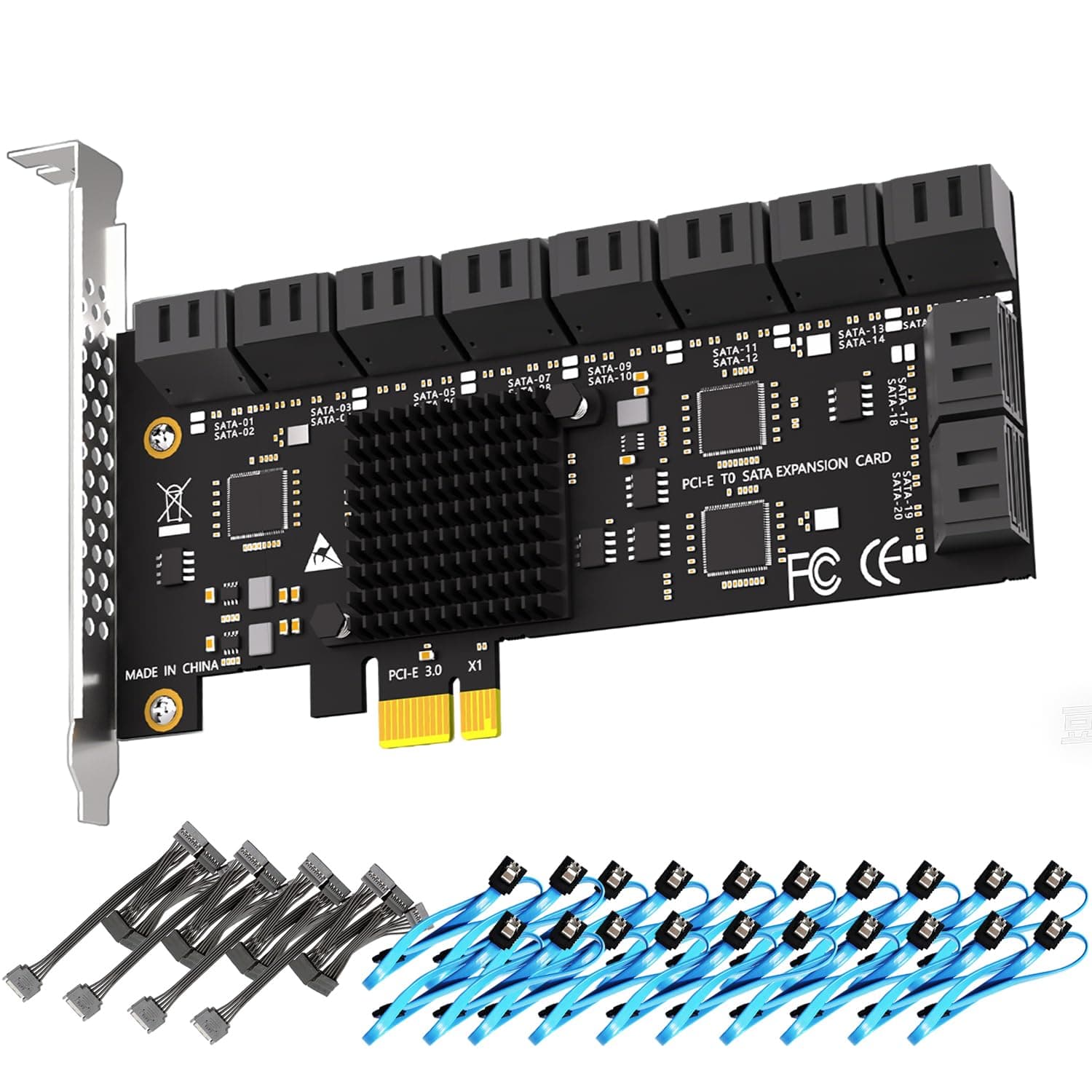 GLOTRENDS SA3120-C بطاقة توسعة PCIe X1 SATA ذات 20 منفذًا مع كابلات SATA وكابلات طاقة، متوافقة مع أنظمة التشغيل Windows وLinux وMac OS وNAS