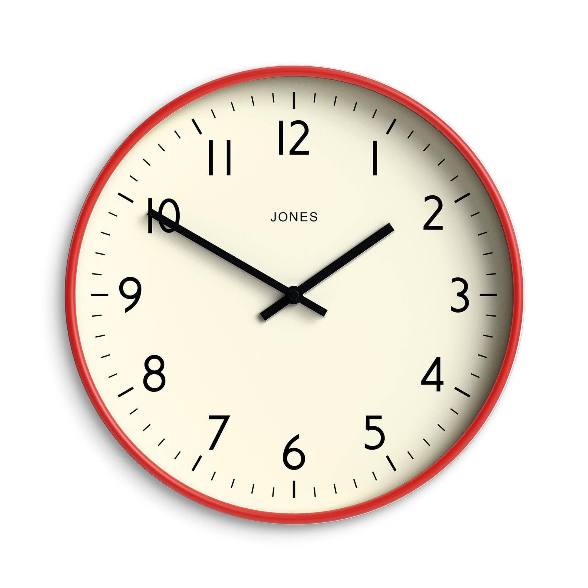 JONES CLOCKS® Studio wall Clock | Modern Round Style | 12 inch | Red | Easy to Read Numbers | Versatile Design for Kitchen, Living Room or Office