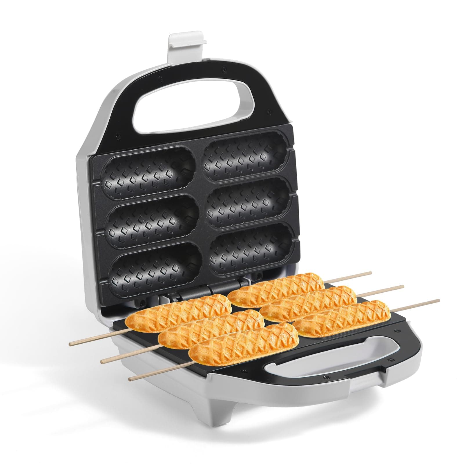 Corn Dog Waffle Maker, Hot Dog Waffle Machine with Non-stick Coating Plate, Hot Dog Maker Toaster Make 6 Corn Dogs, Corn Dog Waffle Machine Make Corn Dog in Minutes, Easy to Clean, White