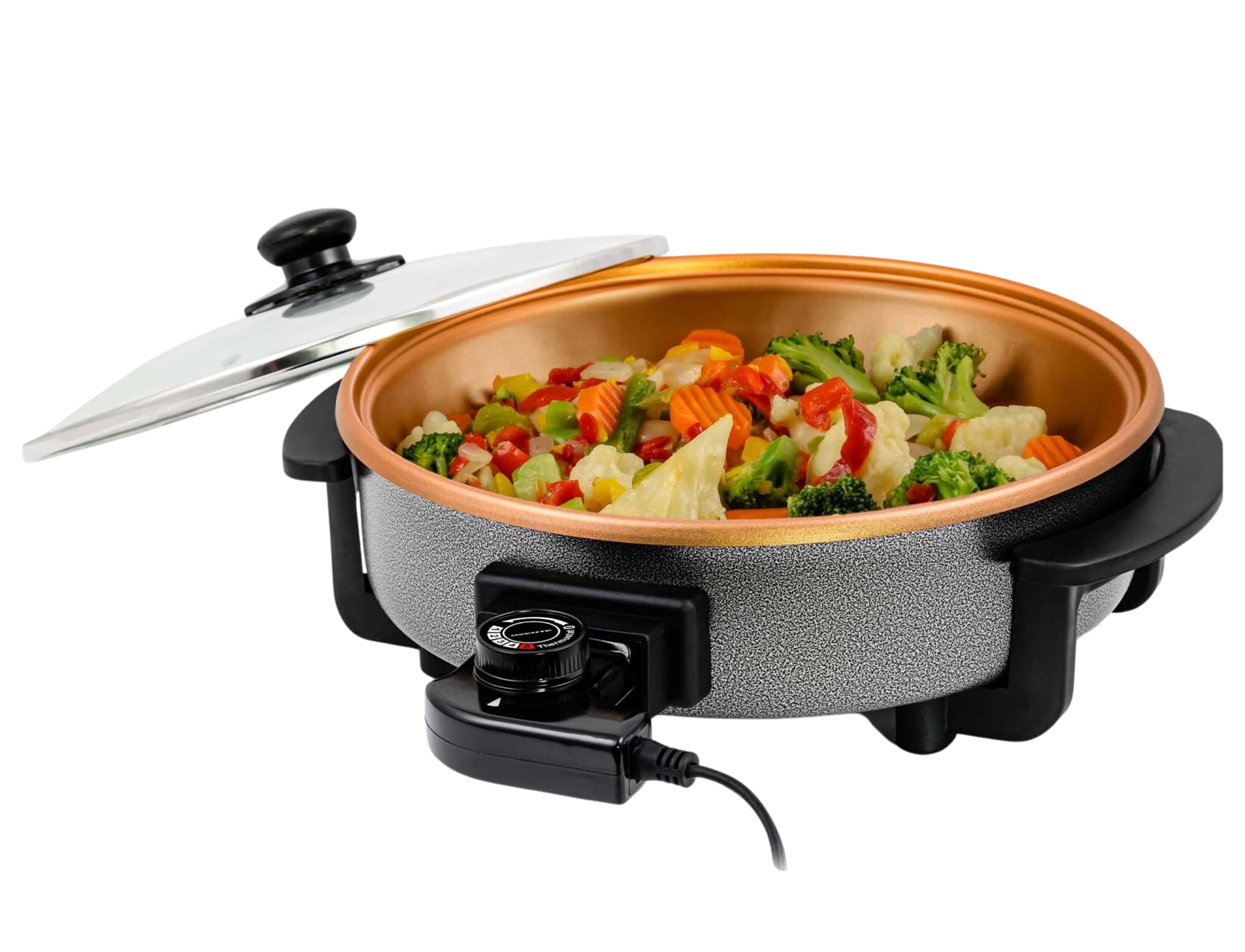 OVENTE 11.5-Inch Electric Skillet & Frying Pan, 1400W Nonstick Cooking Pan with Adjustable Temperature Control, Tempered Glass Lid with Steam Vent, Cool-Touch Handles, Easy-Clean Copper SK11112CO