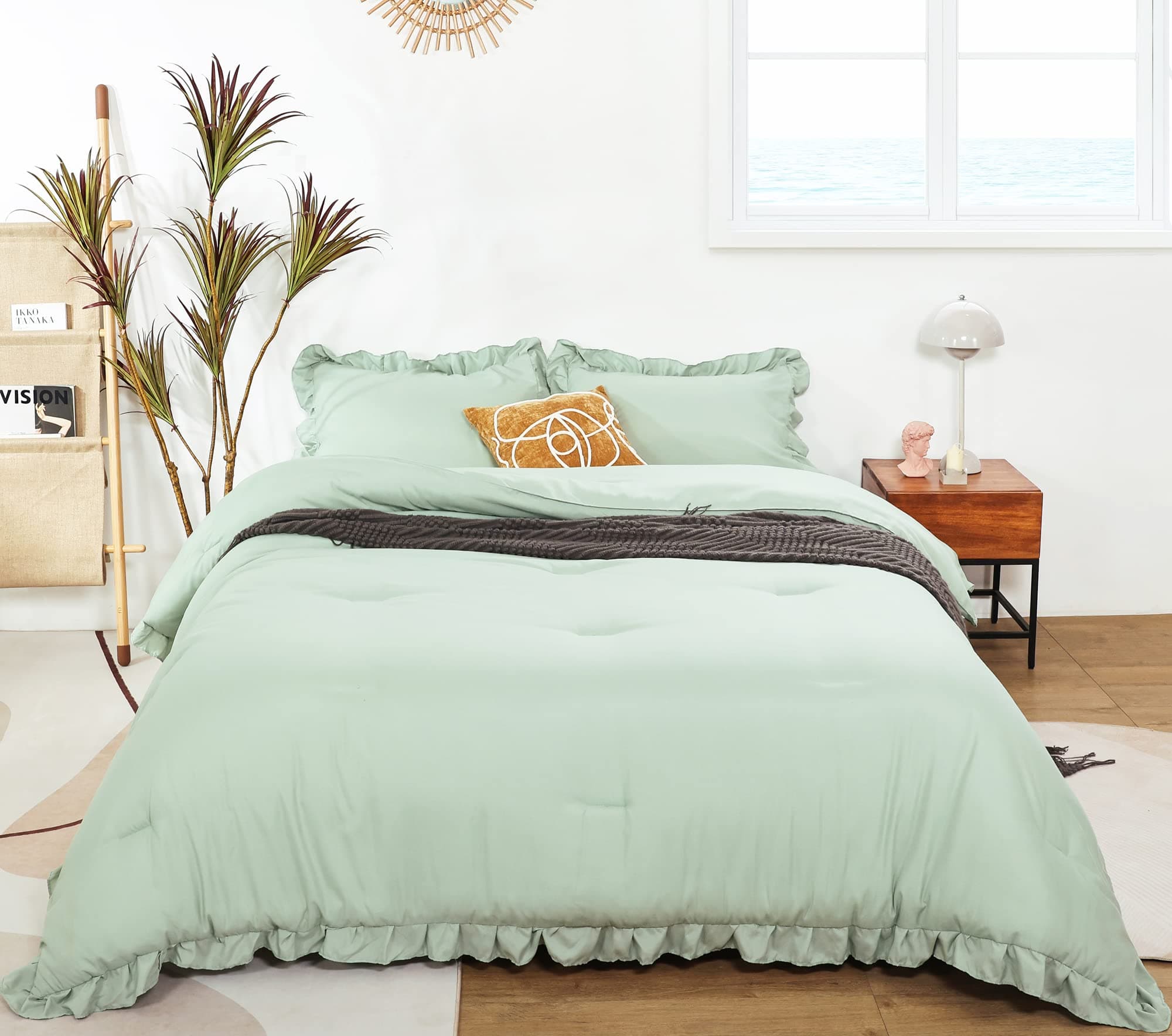 JANZAA Queen Comforter Set Sage Green 3PCS（1 Ruffled Comforter Set and 2 Pillowcases） Vintage Farmhouse Shabby Chic Bedding Soft Fluffy Comforter Set All Season