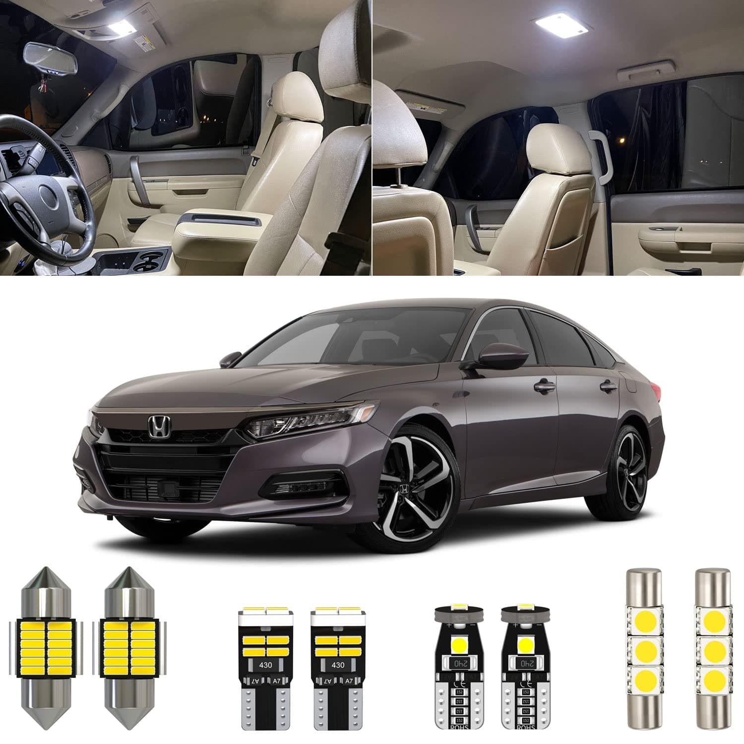 6 Piece 6000K White Accord Interior LED Light Kit Package Replacement for Honda Accord 2018 2019 2020 2021 2022, with Placement Diagram and Install Tool
