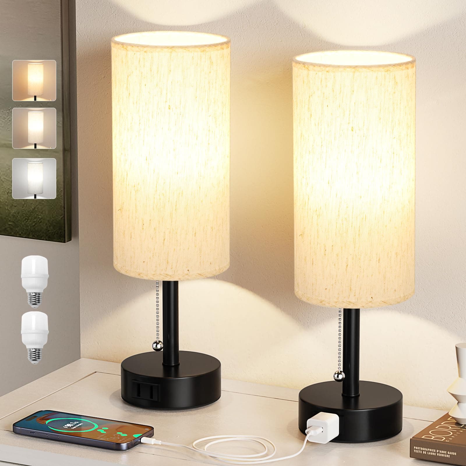 Bedside Table Lamps Set of 2-3 Color Temperatures Pull Chain Lamp with AC Outlet Charging Port, Two Round Night Stand Lamps for Bedroom Guest Room Office, Small Bed Side Light with E26 LED Bulbs