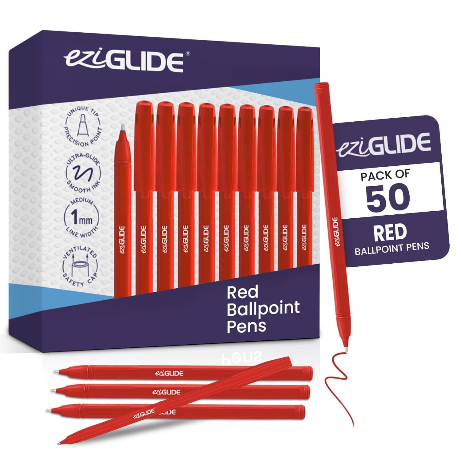 Eziglide 50-Pack Ballpoint Pen Set, Red – Fine Pens with Medium Point Nib (1.0mm) for Precise Writing & Ergonomic Grip – Quick-Dry Ink, Ideal for Adults, Home, Office, Work & Study Use