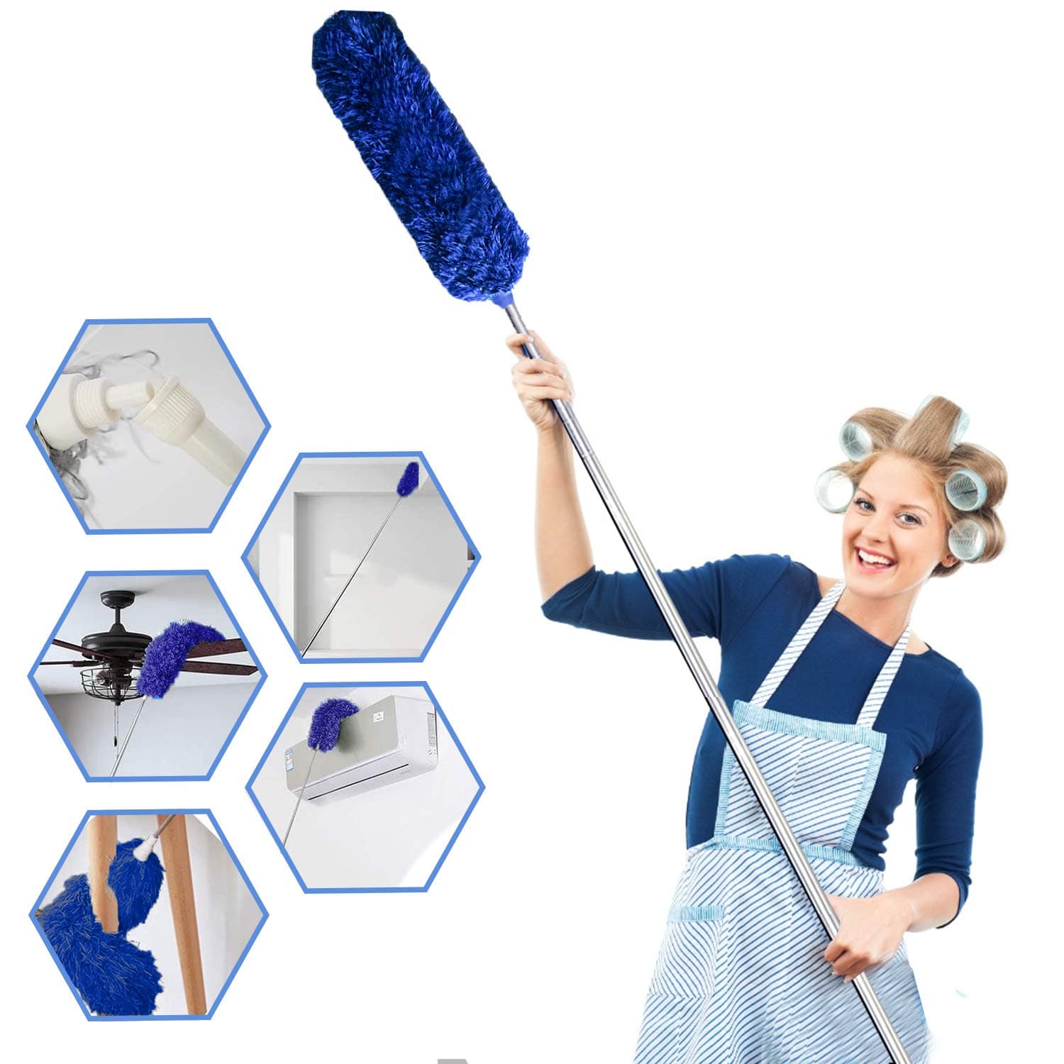 Microfiber Duster with Extension Pole, Extra Long 100 inches, with Bendable Head, Extendable Duster for Cleaning High Ceiling Fan, Interior Roof, Cobweb, Gap Dust- Wet or Dry Use(Blue)