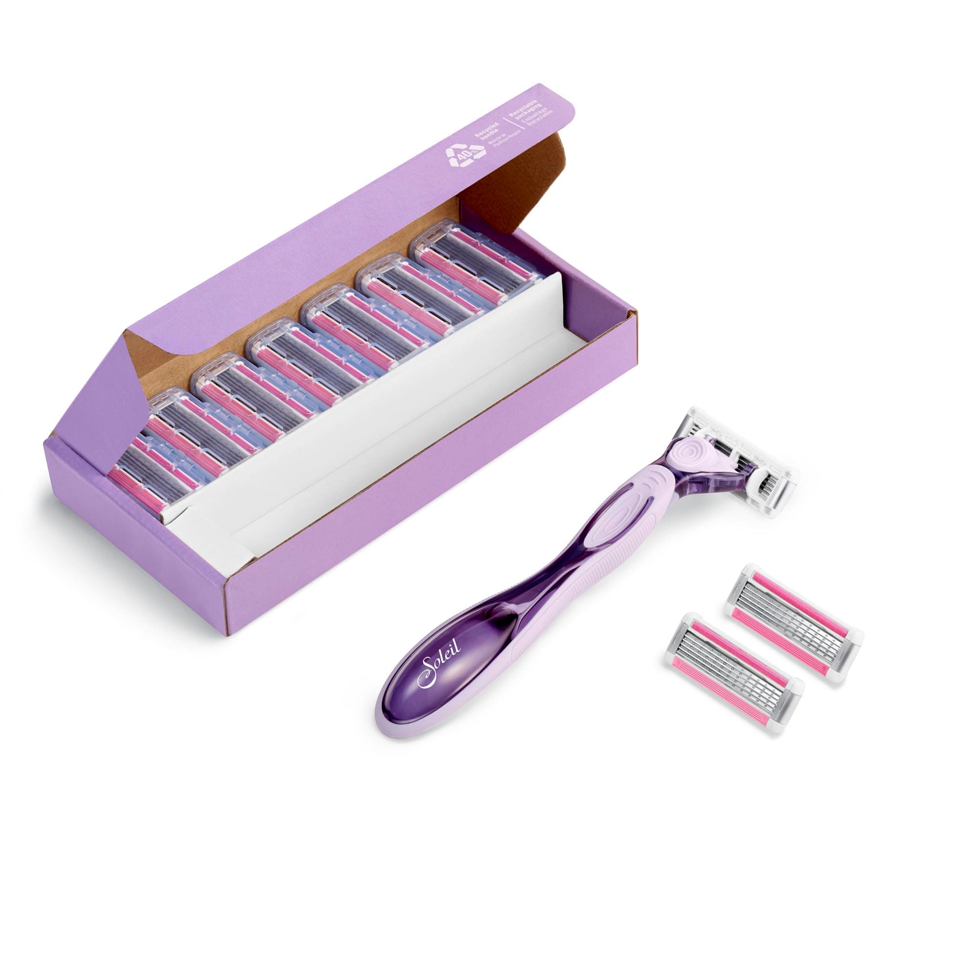 Bic Click 5 Soleil Refillable Women's Razor, 40% Recycled Plastic Handle with Rubber Grip, 10 x 3-Blade Refills, Lubricating Strip - Bundle of 1+10, Purple